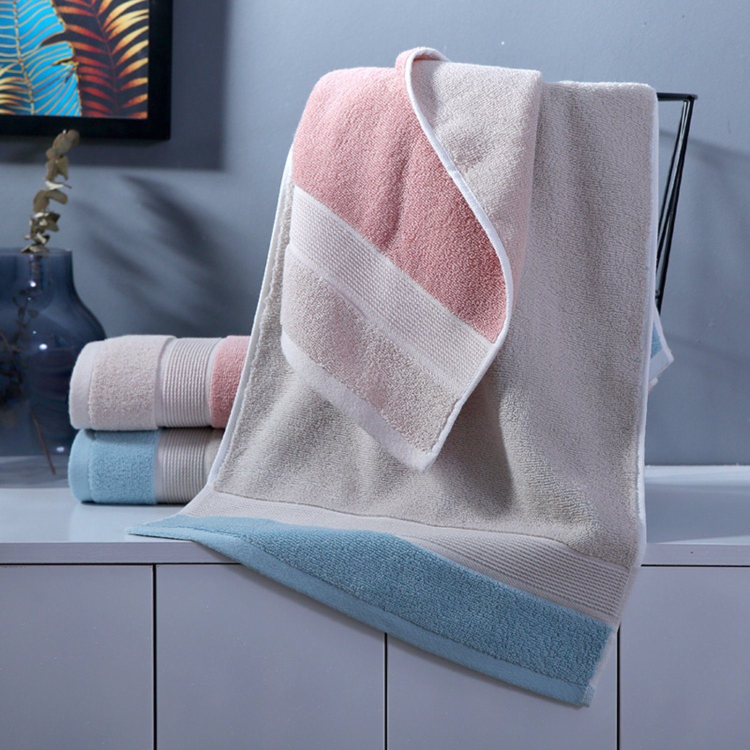 Hellblau zweifarbiges HOMEIDEAS Baumwolle Set Handtuch Handtücher, Duschtuch, (3-St),
