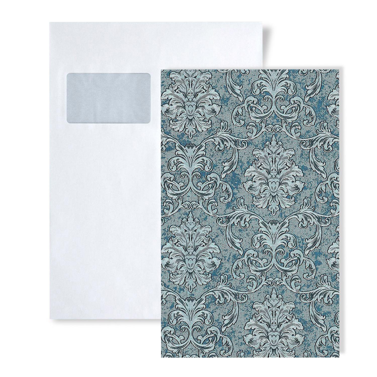 Edem Vliestapete 1 MUSTERSTÜCK S-6001-95 DIN A4 MUSTER der Barock Vliestapete, leicht glänzend, ornamental, Barock-Style, (1 Musterblatt, ca. A5-A4), türkis, silber, petrol