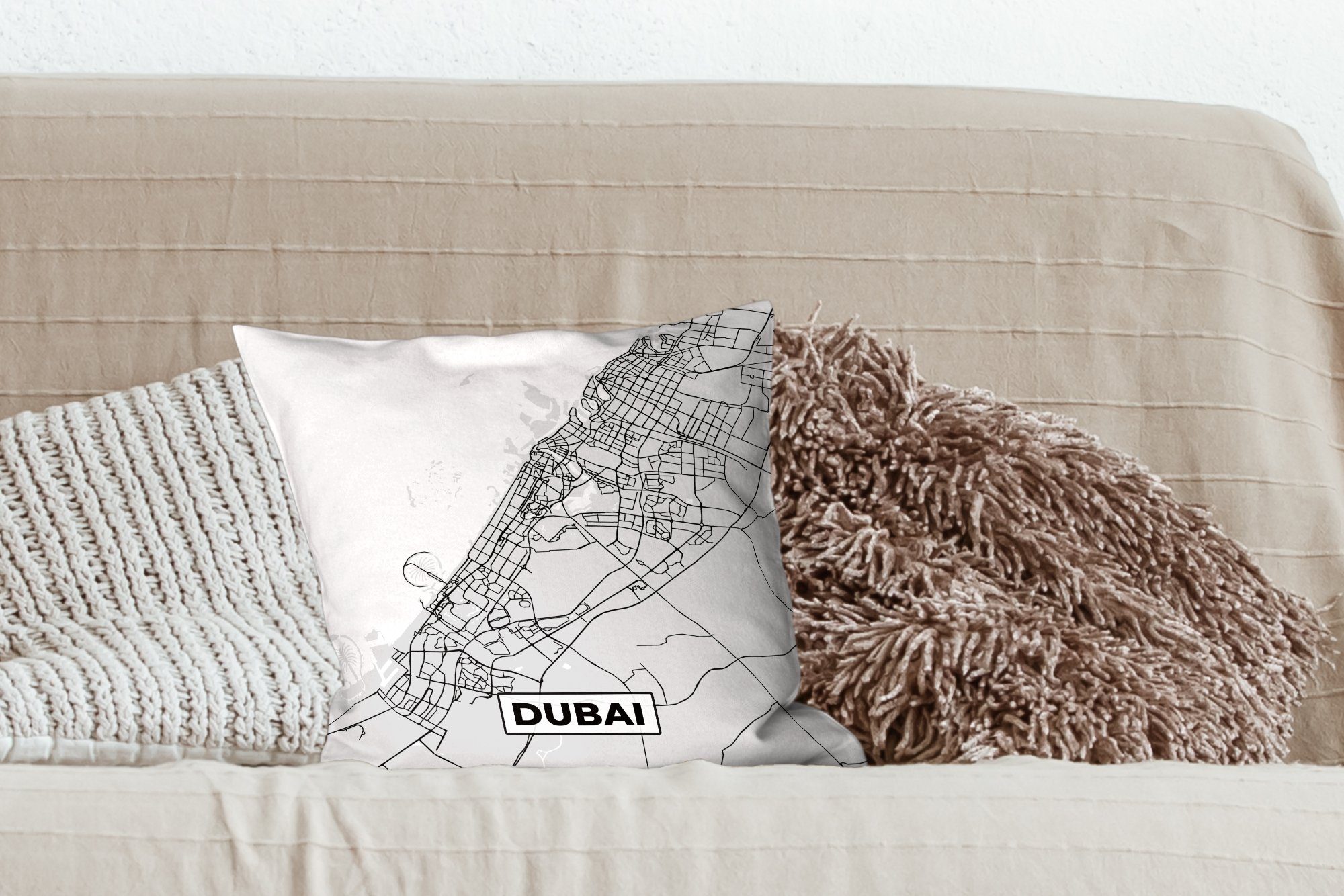 Karte, Füllung - Sofakissen MuchoWow Deko, und Dekokissen mit Schlafzimmer, Schwarz Weiß Wohzimmer, - - für Dubai Stadtplan Zierkissen
