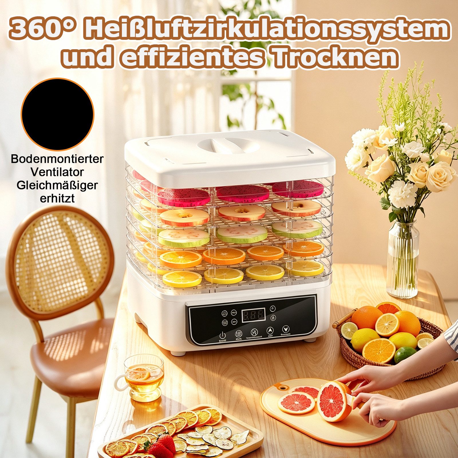 Fofile Dörrautomat Dörrautomat für Obst und Gemüse, Dörrgerät mit Temperaturregler 160 W, 6 Etagen, 48h-Timer, 6 Einlegefächer, 35–70 °C, Snack to go – Bild 2 von 5