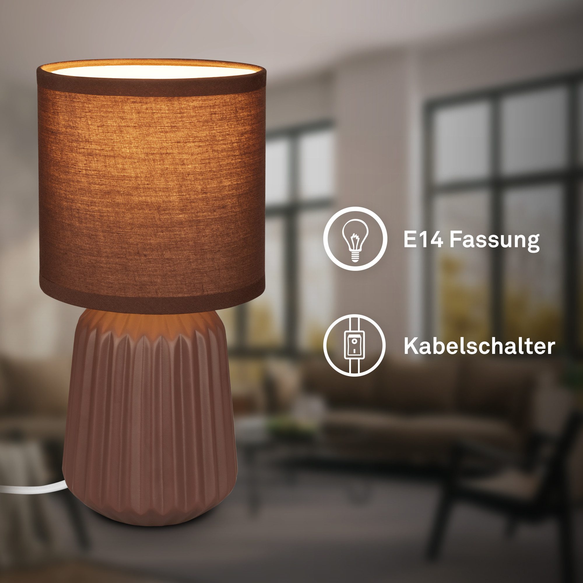 Briloner Leuchten LED Tischleuchte Tischlampe Keramik E14 Stoffschirm Kabelschalter Kommodenlampe, ohne Leuchtmittel, Abhängig vom Leuchtmittel, 13x27 cm, Schlafzimmer, Wohnzimmer, Flur