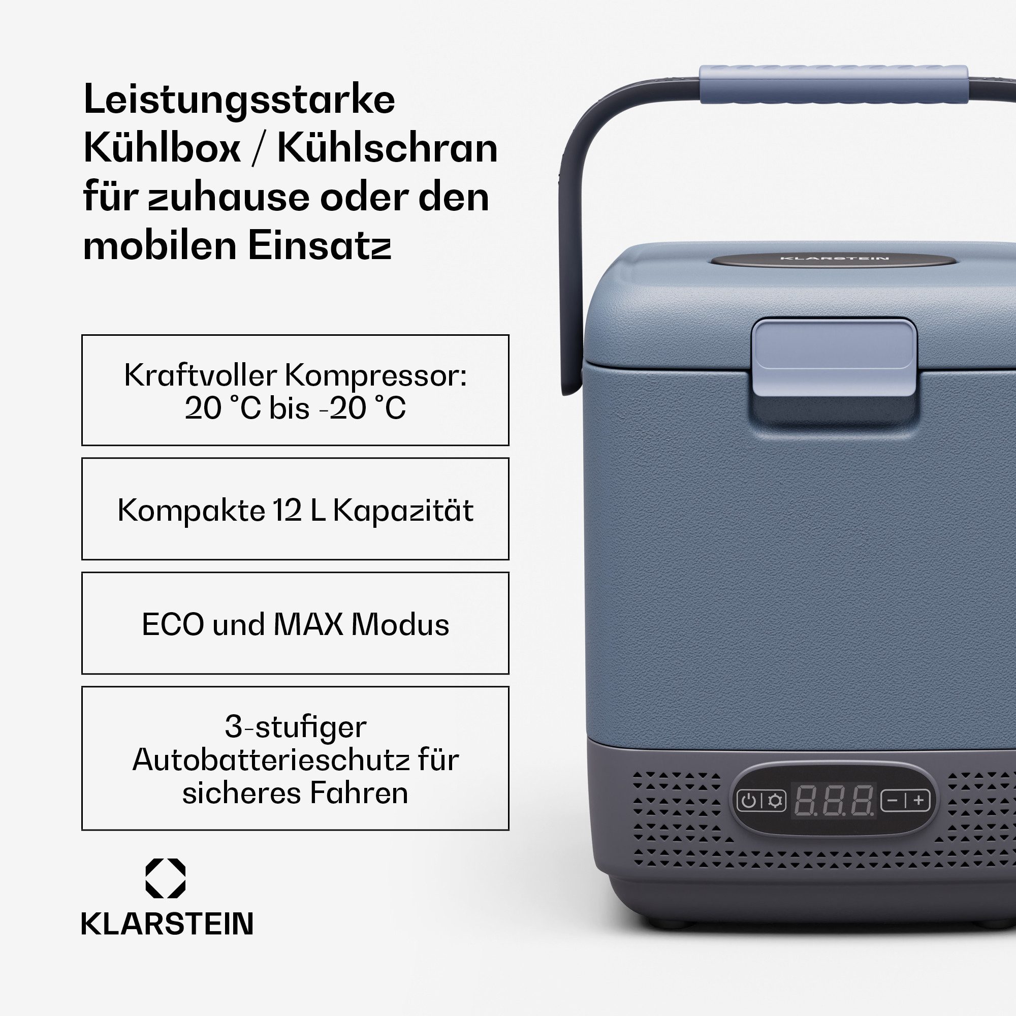 Klarstein Kühlbox SwiftFrost 12L Kühlbox 12V/230V Kompressor -20°C 2 Stufen LED, 12 l, Kompressor-Kühler elektrisch mit ECO-Modus & 12V/230V mobil