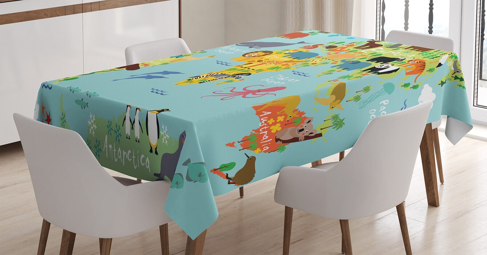 Abakuhaus Tischdecke Farbfest Waschbar Für den Außen Bereich geeignet Klare Farben, Weltkarte Tier Karte der Welt