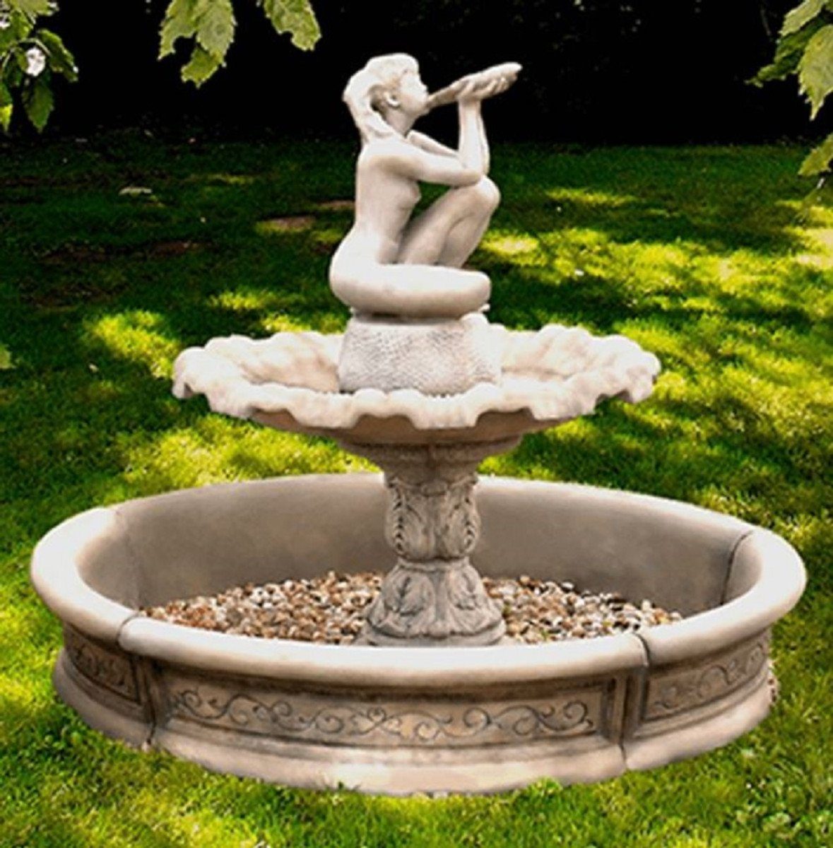Casa Padrino Gartenbrunnen Barock Springbrunnen Grau Ø 192 x H. 159 cm - Eleganter Gartenbrunnen mit Umrandung - Barock & Jugendstil Gartendeko Brunnen