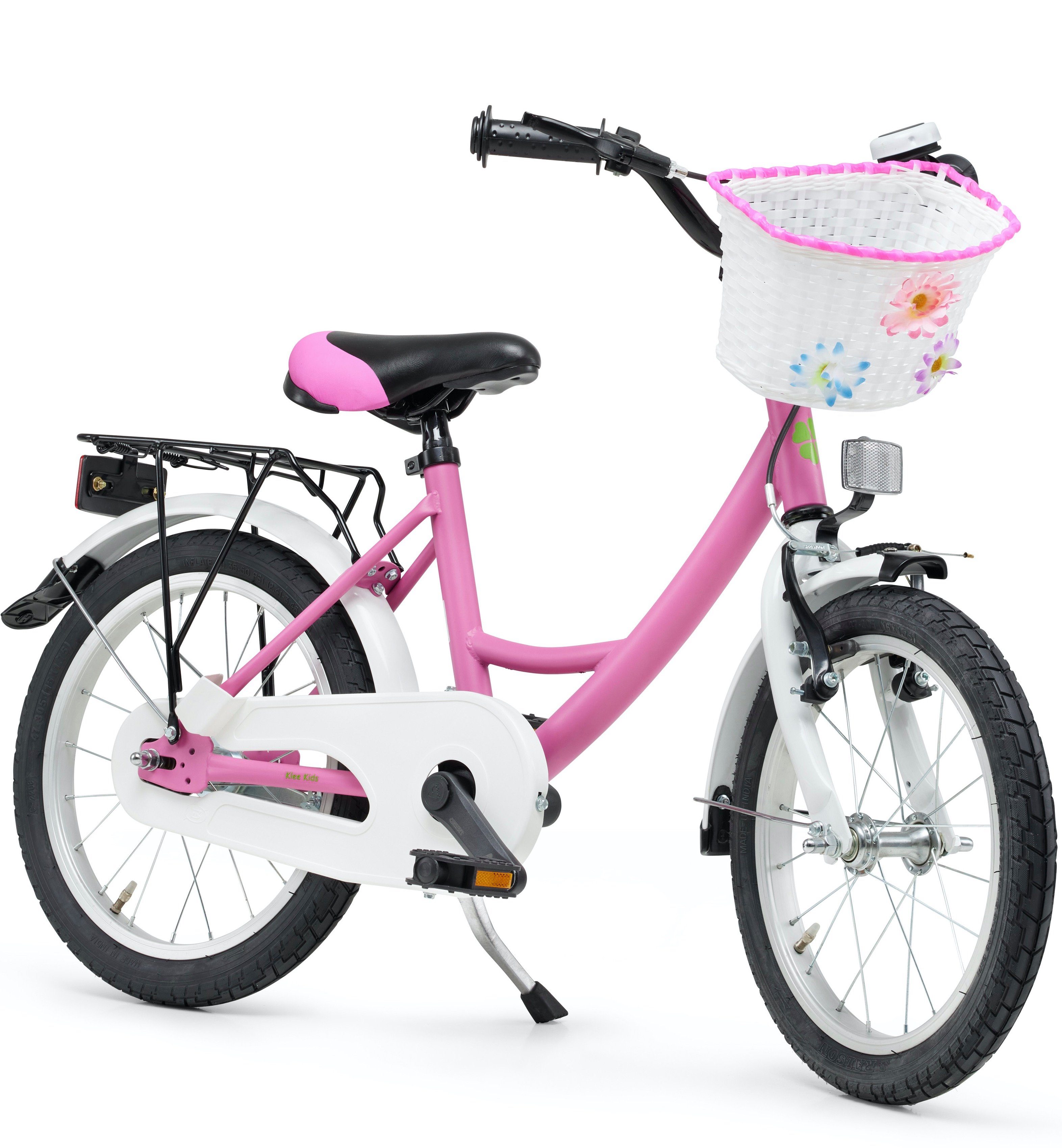 Klee-Kids Kinderfahrrad 16 Zoll Matt Pink Fahrrad für Kinder ab 4 Jahre Mädchenfahrrad, Rücktrittbremse, Ständer, Korb, Klingel, Gepäckträger