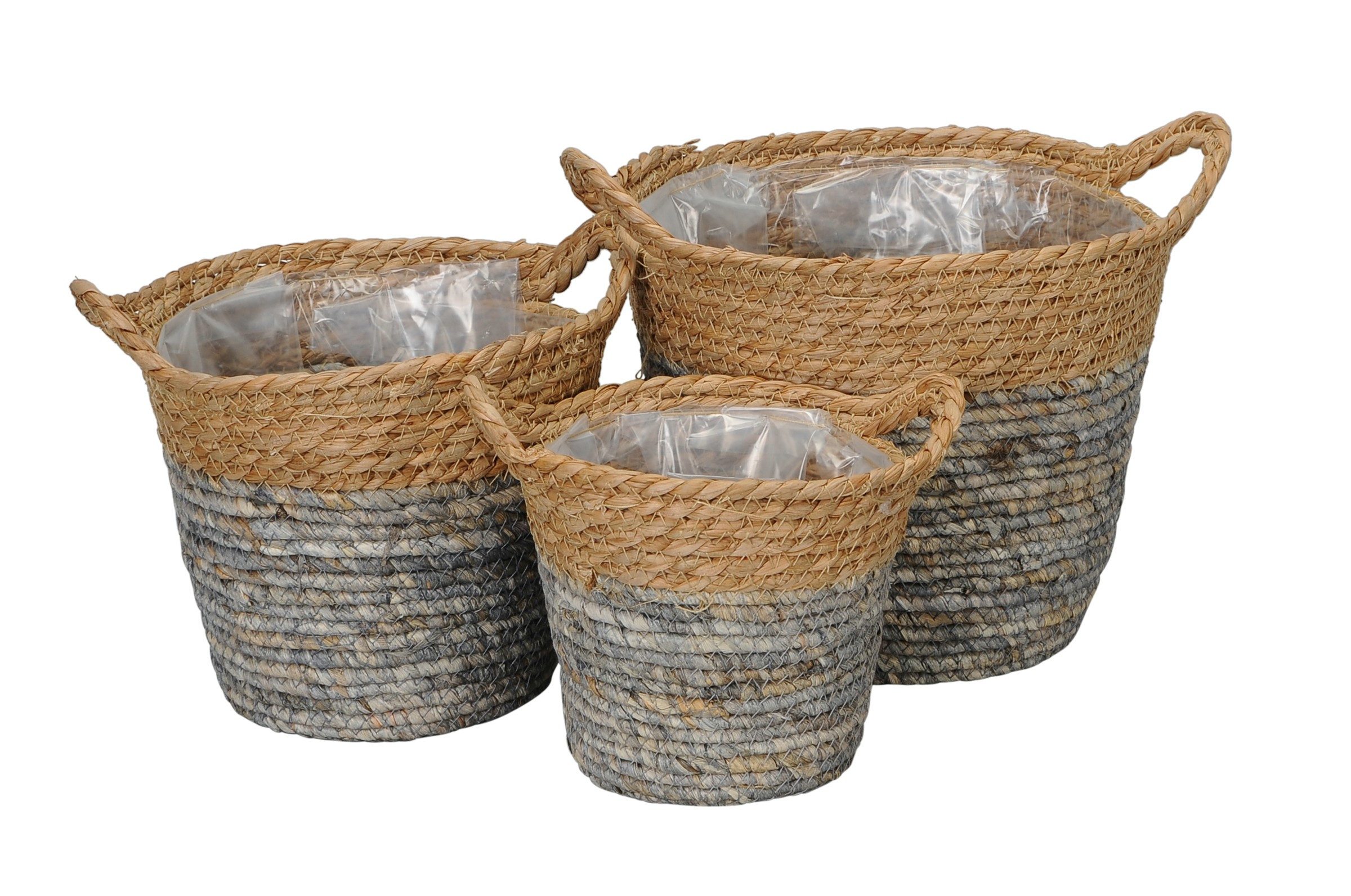 finehomegarden Übertopf Korb mit Griffen 3er Set Blau-Braun aus Mais – Pflanzkorb, Dekokorb (3 St), und Aufbewahrungskorb in 3 Größen für Wohnzimmer, Bad und Garten