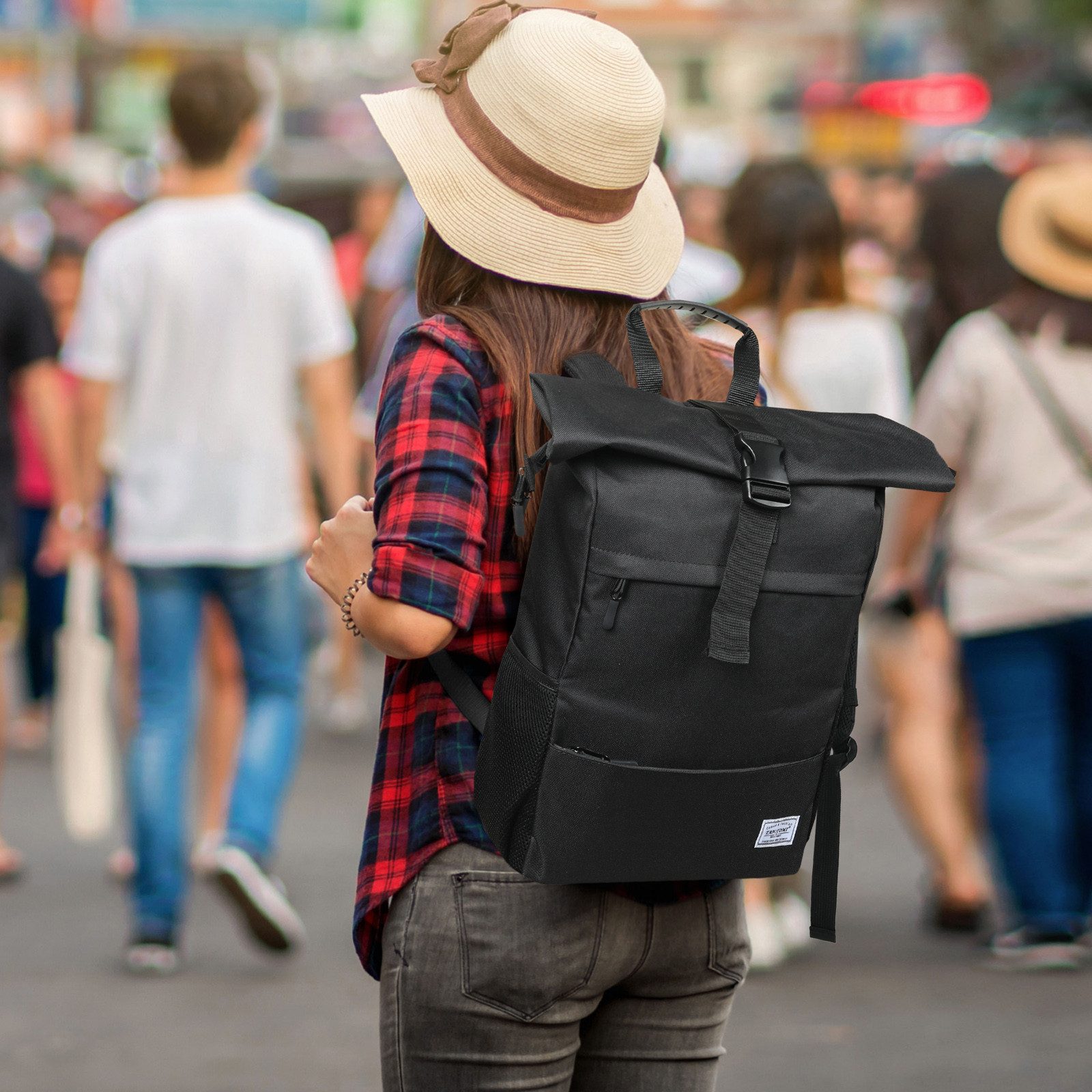 TAN.TOMI Cityrucksack Freizeitrucksack Groß Damen lässiger Rolltop Rucksack Herren Backpack (Arbeitsrucksack viele Fächer mit 15,6" Laptopfach/USB-Anschluss), R – Bild 2 von 5