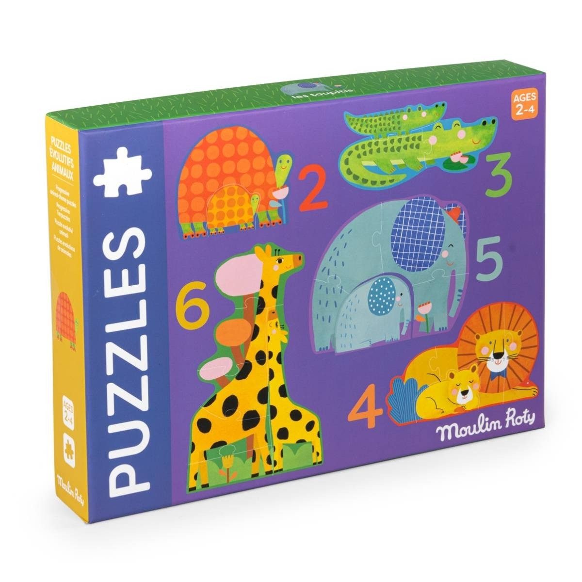 Moulin Roty Puzzle Toupitis 5 Puzzle Tiere (2-6 Teile) Puzzle-Set für Kinder mit Motiv, 6 Puzzleteile, Puzzle-Set