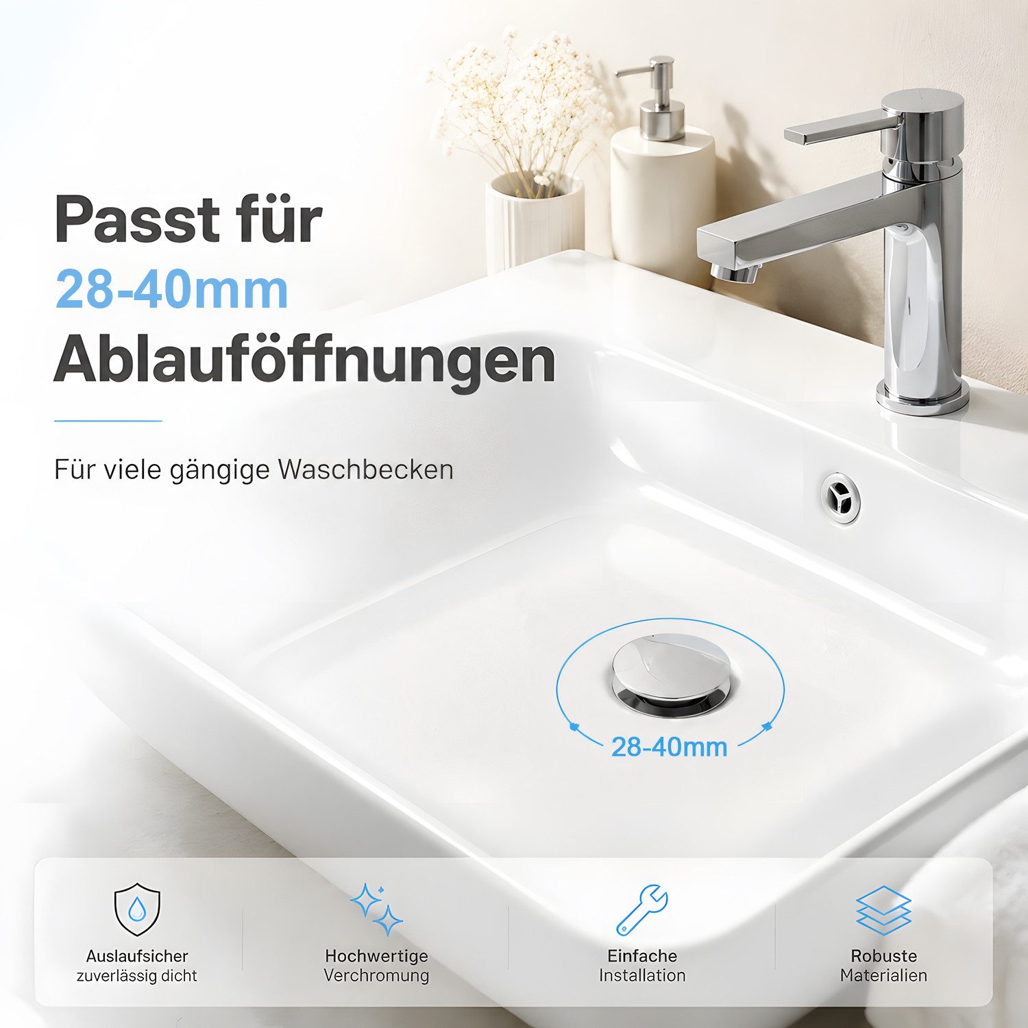 HEYHIPPO Waschbeckenstöpsel Pop-up Ablaufventil – Messing, mit Haarsieb, für Waschbecken, chrom, (Kappendurchmesser 62mm Gesamthöhe 70,4mm, mit 4 Silikondichtun – Bild 4 von 5