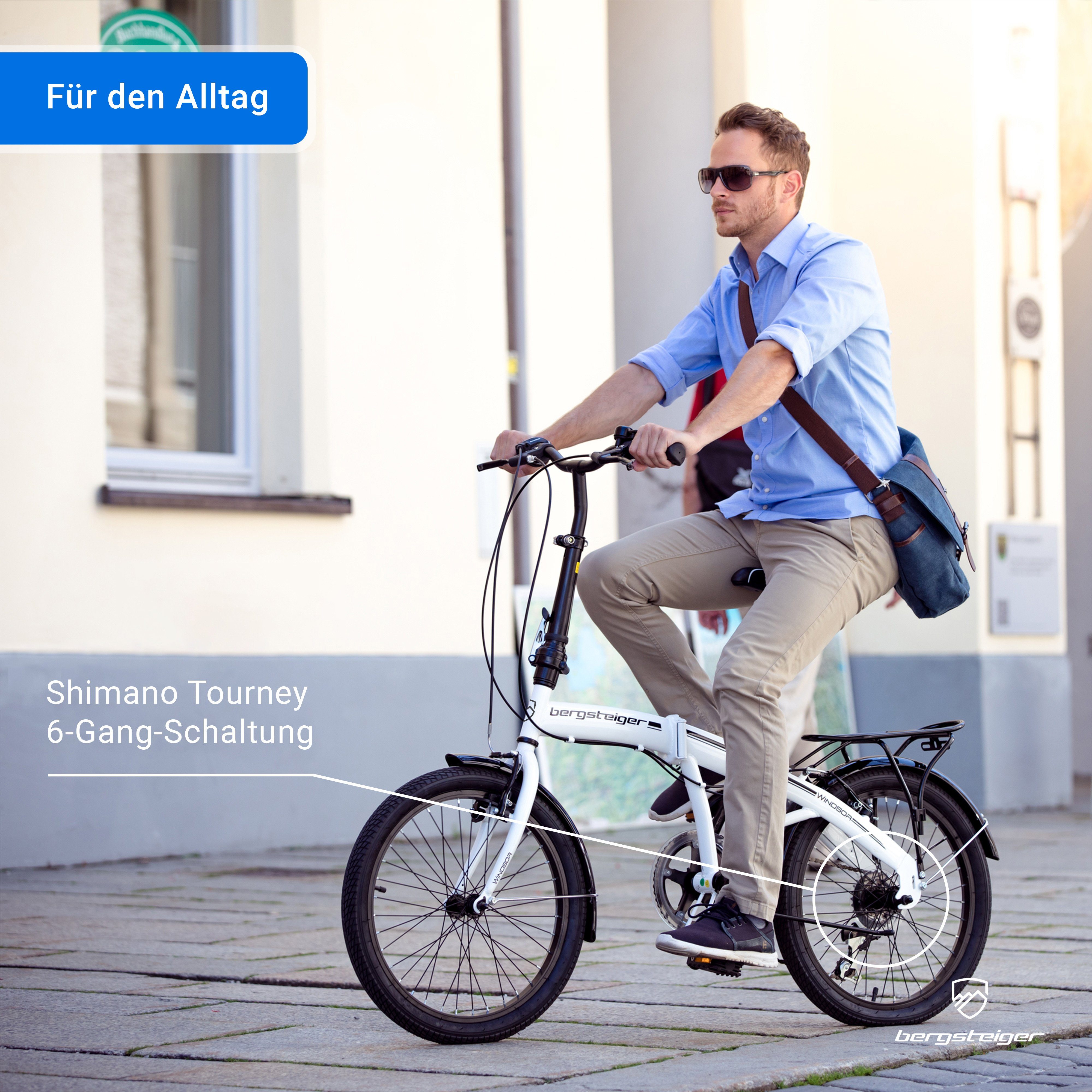 bergsteiger Faltrad Windsor 20 Zoll, Klapprad, Shimano 6 Gang-Schaltung, Damen, Herren, 6 Gang Shimano Tourney RD-TY21 Schaltwerk, Kettenschaltung, V-Bremsen