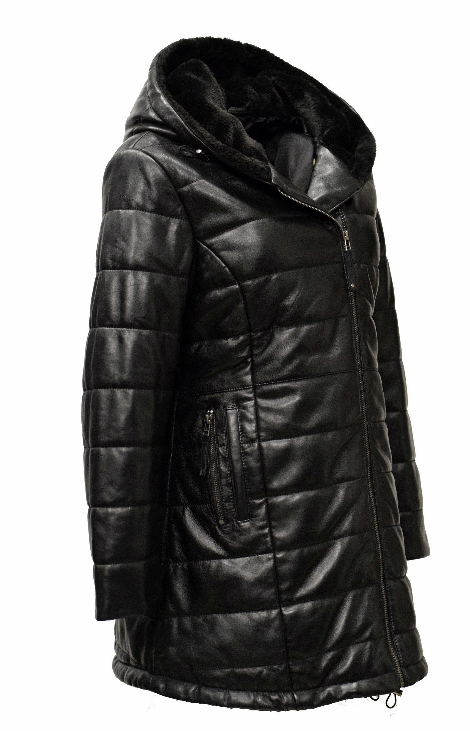 Zimmert Leather Ledermantel Vanessa washed Lammnappa, Kapuzenkragen, Steppmantel, Schwarz, Fell – Bild 4 von 5