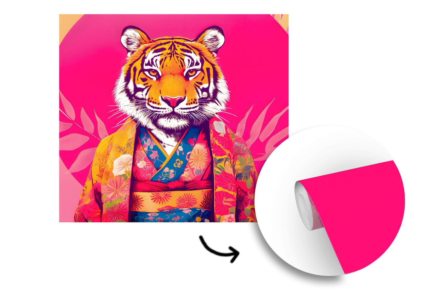MuchoWow Fototapete Tiger - Kimono - Pflanzen - Rosa, Matt, bedruckt, Vliestapete für Wohnzimmer Schlafzimmer Küche, Fototapete, 220x220 cm