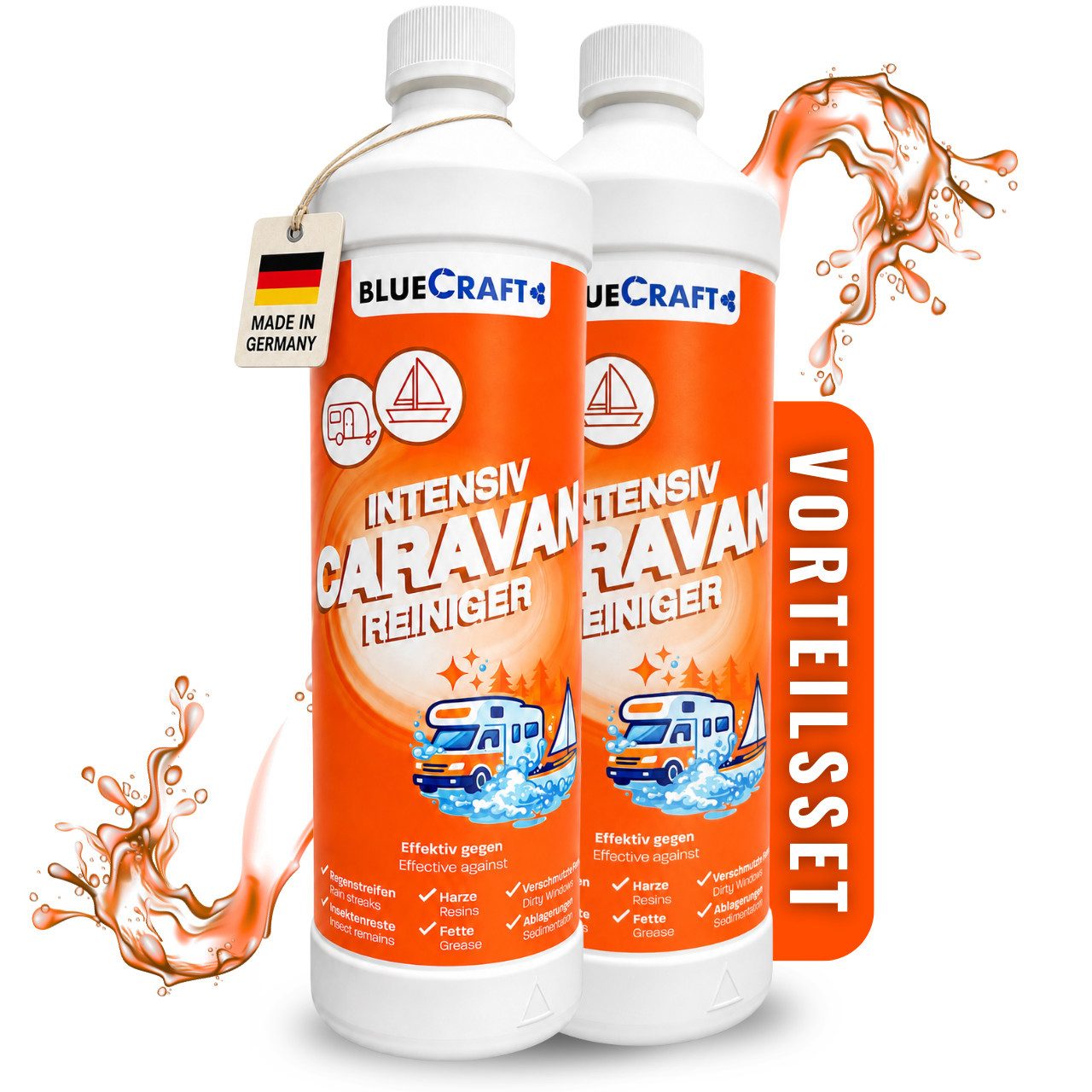 BlueCraft Caravan Reiniger für Wohnmobil & Wohnwagen - extra Premium Konzentrat Auto-Reinigungsmittel (2x 1 L Caravanreiniger für bis zu 42 L Anwendungslösung hoch effektiv gegen Regenstreifen & Schmutz - für Acryl- & Plexiglas)