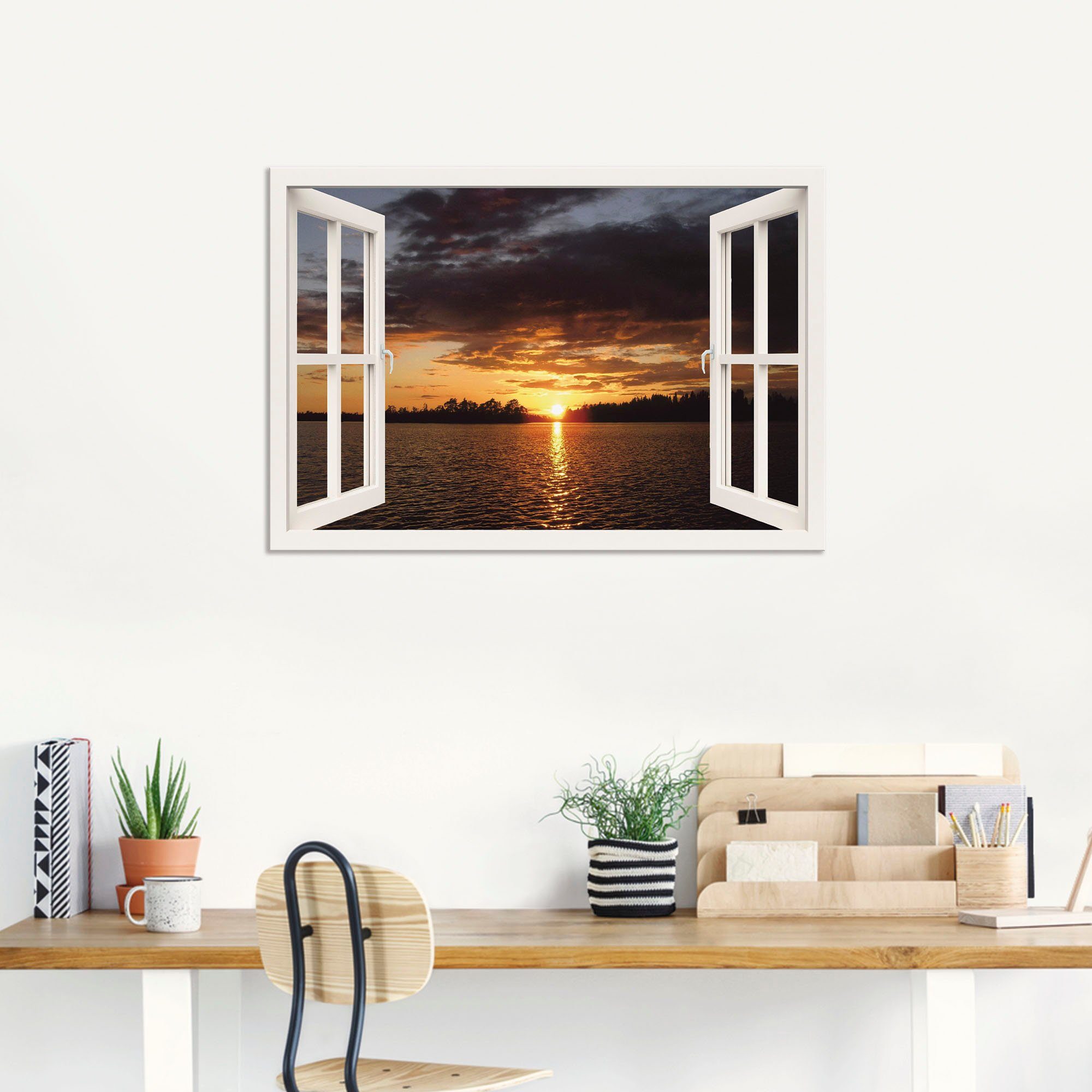 Größen mit Fenster, am versch. Seebilder Sonnenuntergang Wandbild als (1 See Artland Wandaufkleber Alubild, Poster oder Leinwandbild, St), in