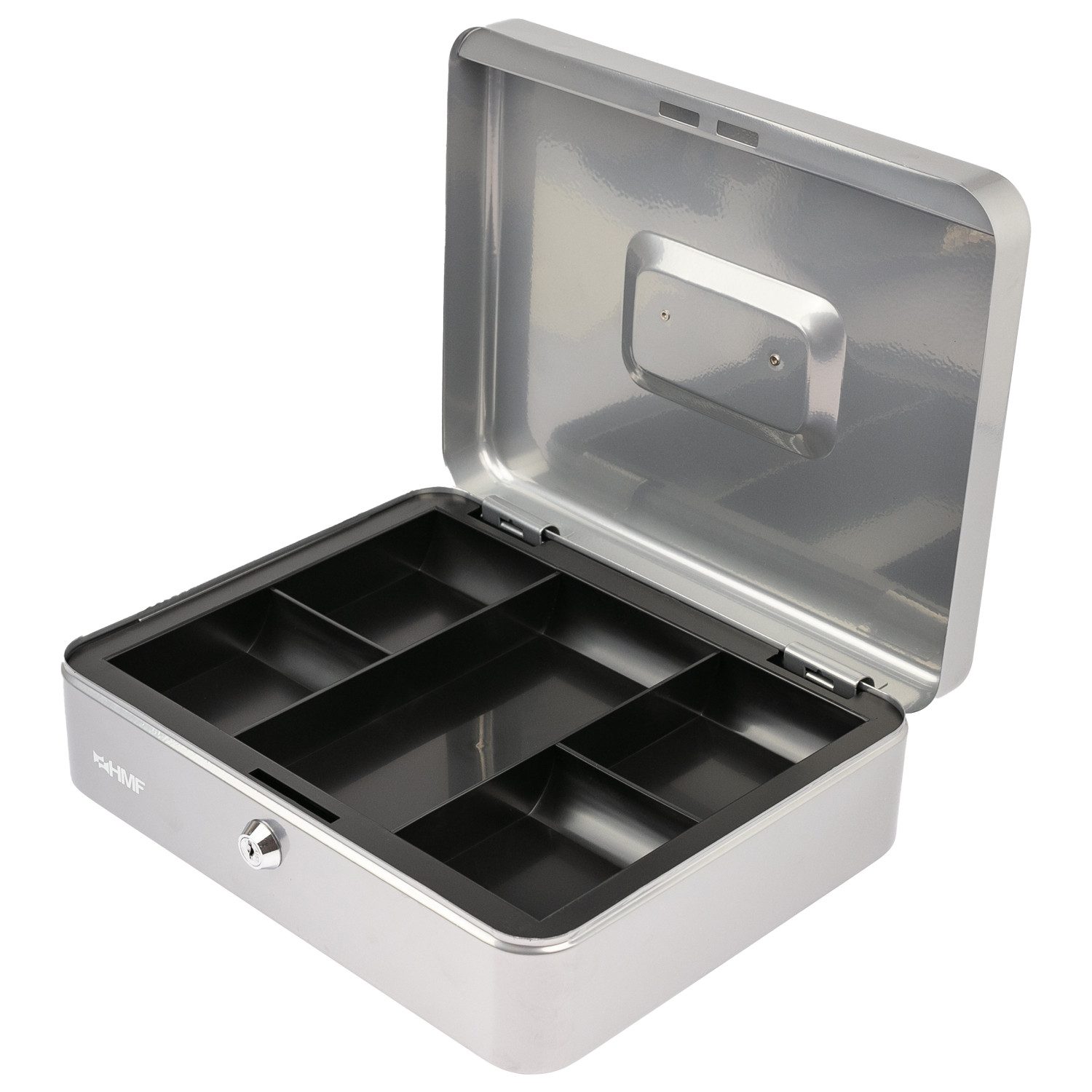 HMF Geldkassette Geldkassette abschließbar, Kasse mit Münzeinsatz, Geldkasse mit 5 Münzfächern 30 x 24 x 9 cm Silber