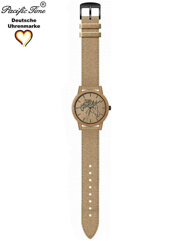 Pacific Time Quarzuhr Damenuhr analog Pferd Holz Canvas Armband, Gratis Versand