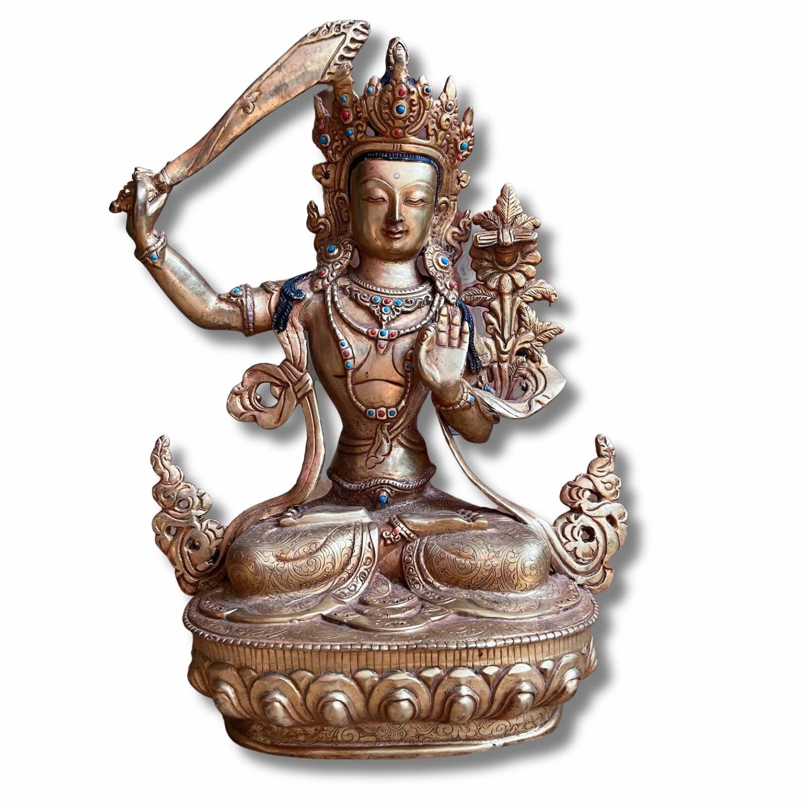 Asien Bronze LifeStyle Buddhafigur Skulptur Buddha Manjushri Himalaya Figur feuervergoldet