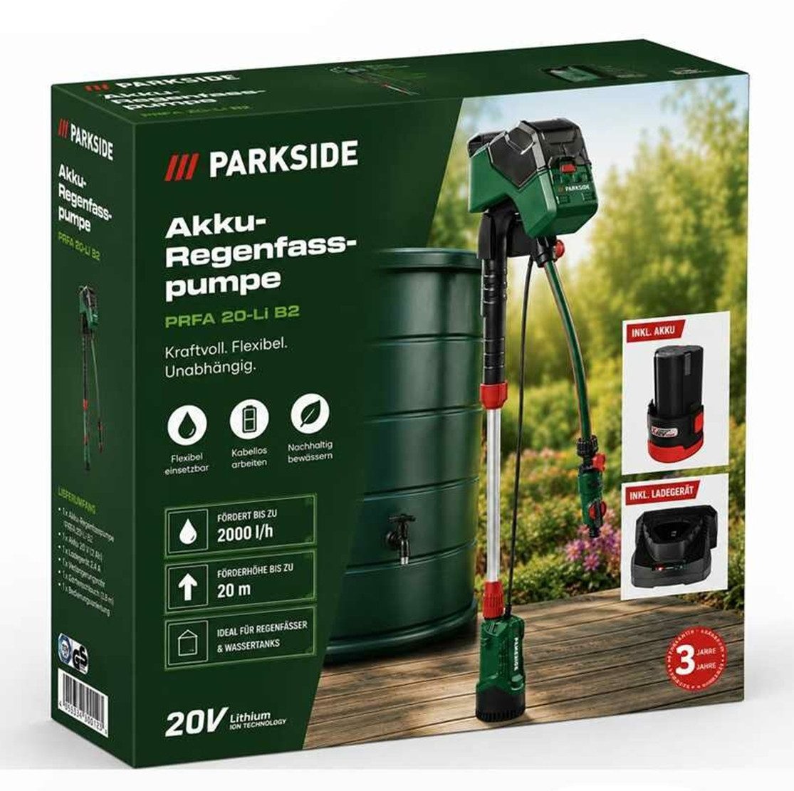 Parkside Regenfasspumpe Parkside 12 V Akku-Regenfasspumpe PRPA 12-Li, mit Akku und Ladegerät