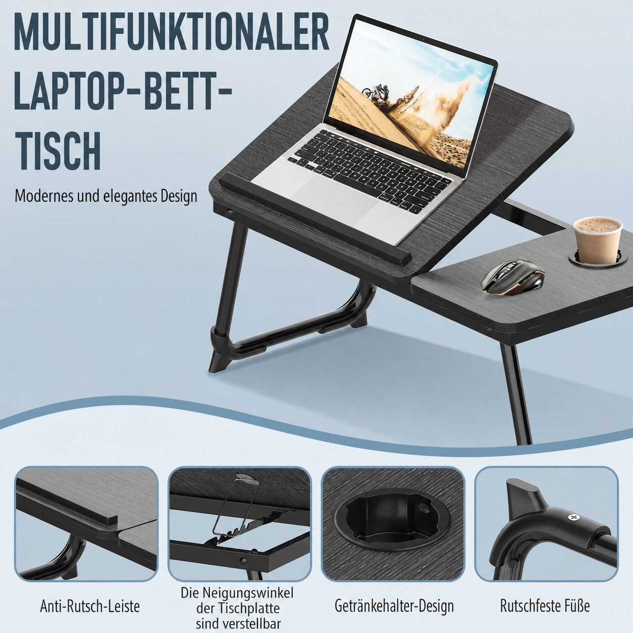 Huracan Laptoptisch Klappbar Lapdesk mit Cup,Slot und Rutschfest (Laptop Tisch für Bett 5-Stufen Neigungsregelung, Betttisch), Laptop ständer Bett Notebooktisch für Studium