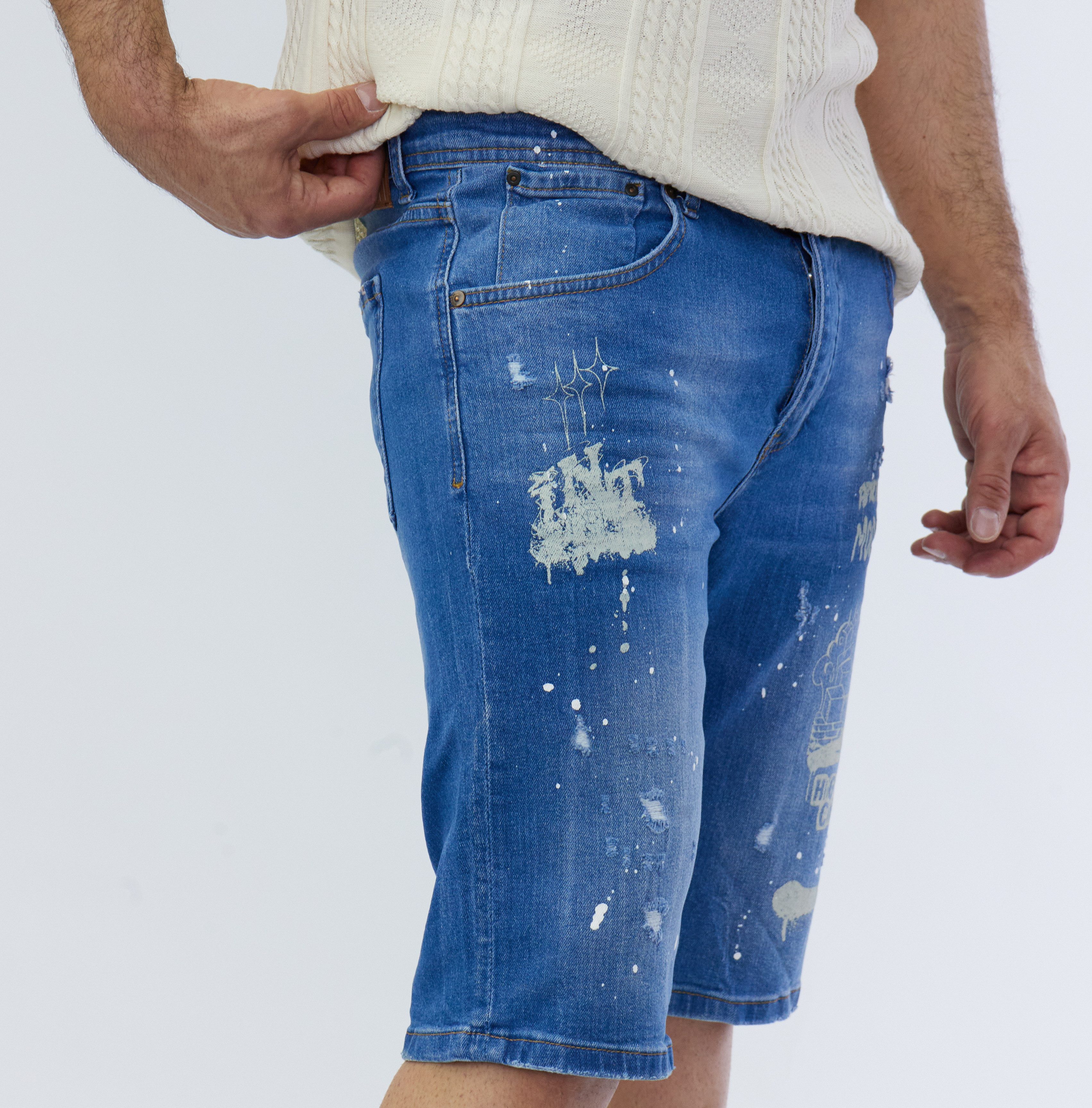 Denim House Jeansshorts Jeanscapri im mit heller Waschung und Coolem Print Hellblau 31