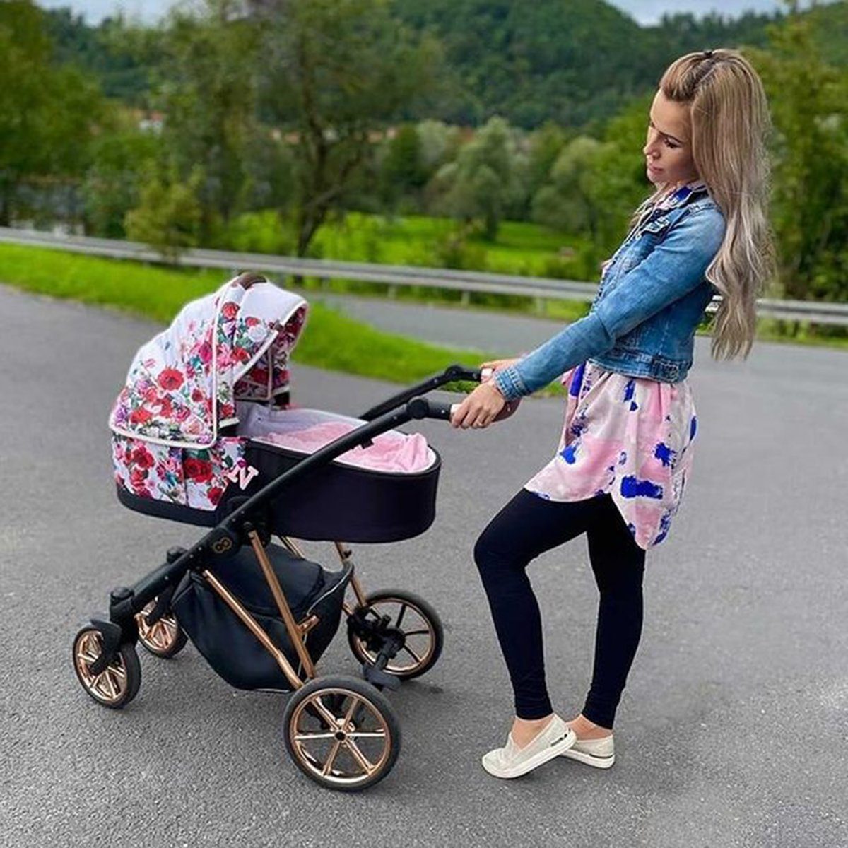 inkl. in 2 Zubehör, Rose, TPFLiving Babywanne Windeltasche, Buggy Gold Light Gestell Roségold Dark Kinderwagen Gestell Kombi-Kinderwagen Musse Baby Rose 2in1 1 Regenschutz