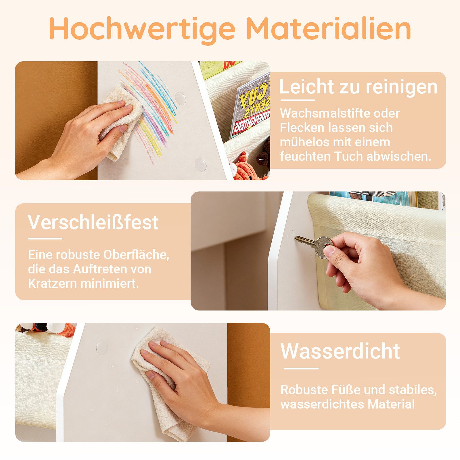 SoBuy Bücherregal FRG225, Spielzeugregal Spielzeugtruhe für Kinderzimmer, Spielzimmer, Kinderbücherregal mit 4 Ablagefächern Hängefächerregal Zeitungsständer