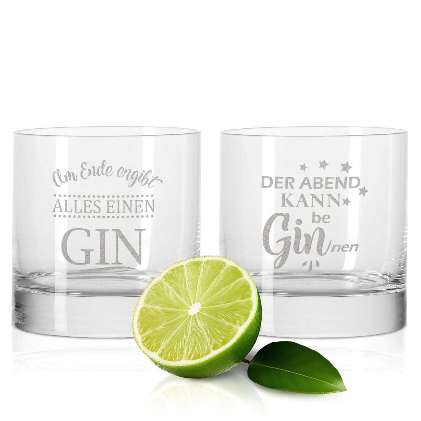 GRAVURZEILE Cocktailglas 2er Set - Der Abend kann beGINnen & Am Ende ergibt alles einen Gin, Glas, Montana GIN-Gläser als Geschenkset