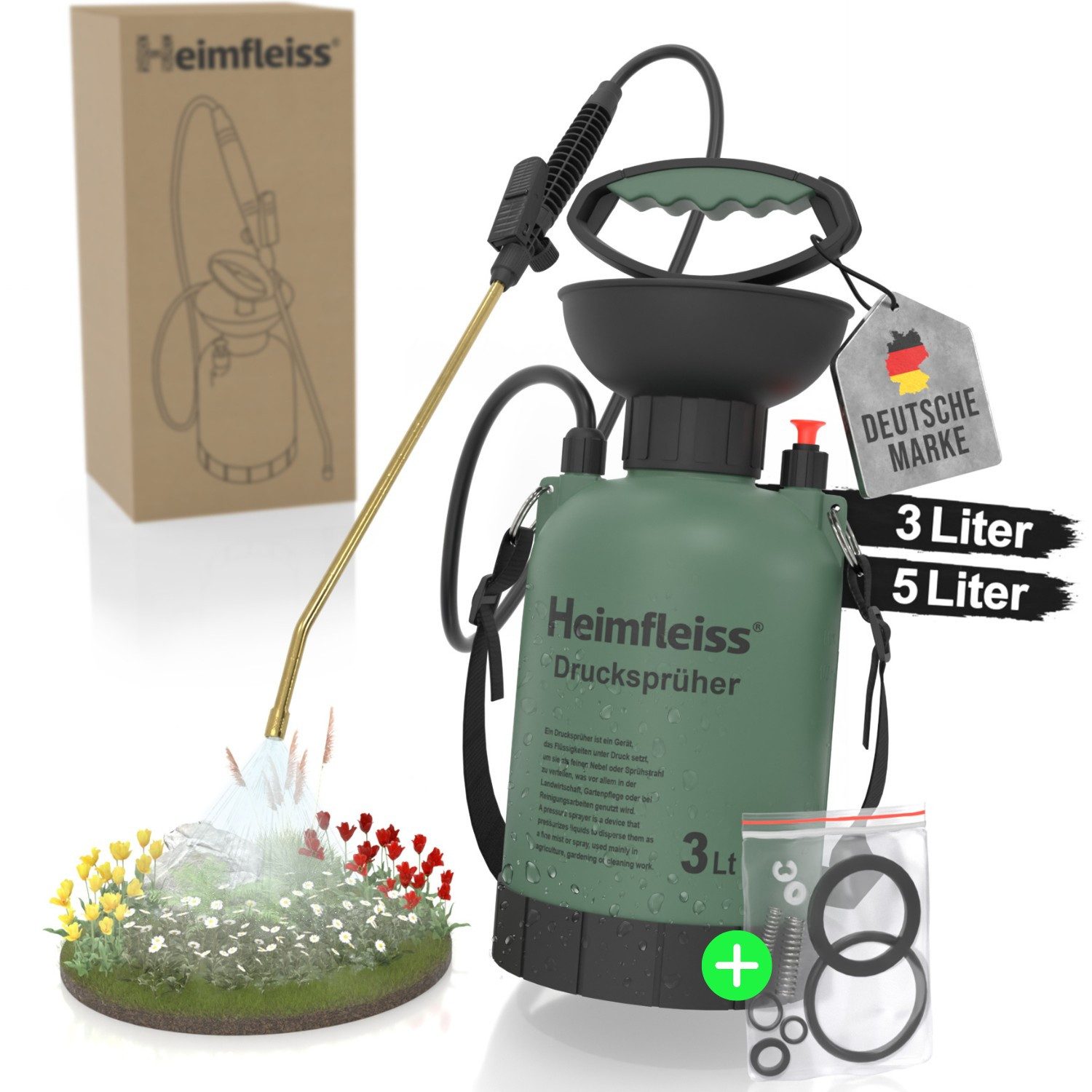 Heimfleiss® Gartenspritze Drucksprüher 3L / 5L – Gartenspritze mit Messinglanze, (3 Liter), Robuste Unkrautspritze mit verstellbarem Sprühstrahl & Schultergurt