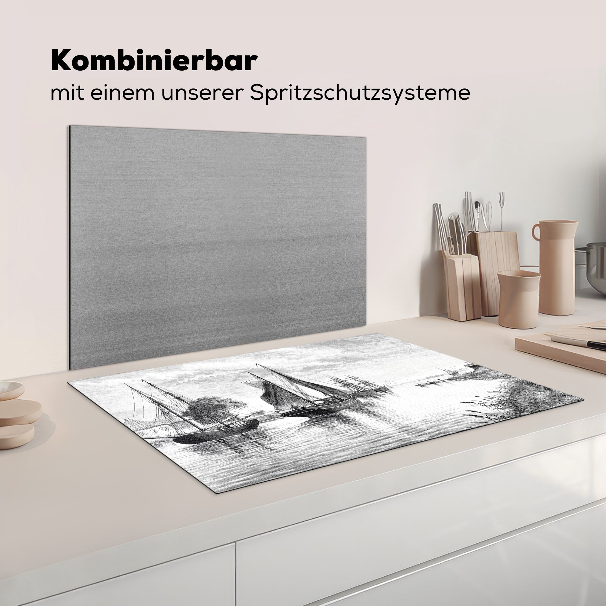 (1 tlg), authentischen Eine Vinyl, Induktionskochfeld von für Herdblende-/Abdeckplatte Ostsee, die der MuchoWow küche, Schutz in Illustration Ceranfeldabdeckung cm, 81x52 Booten