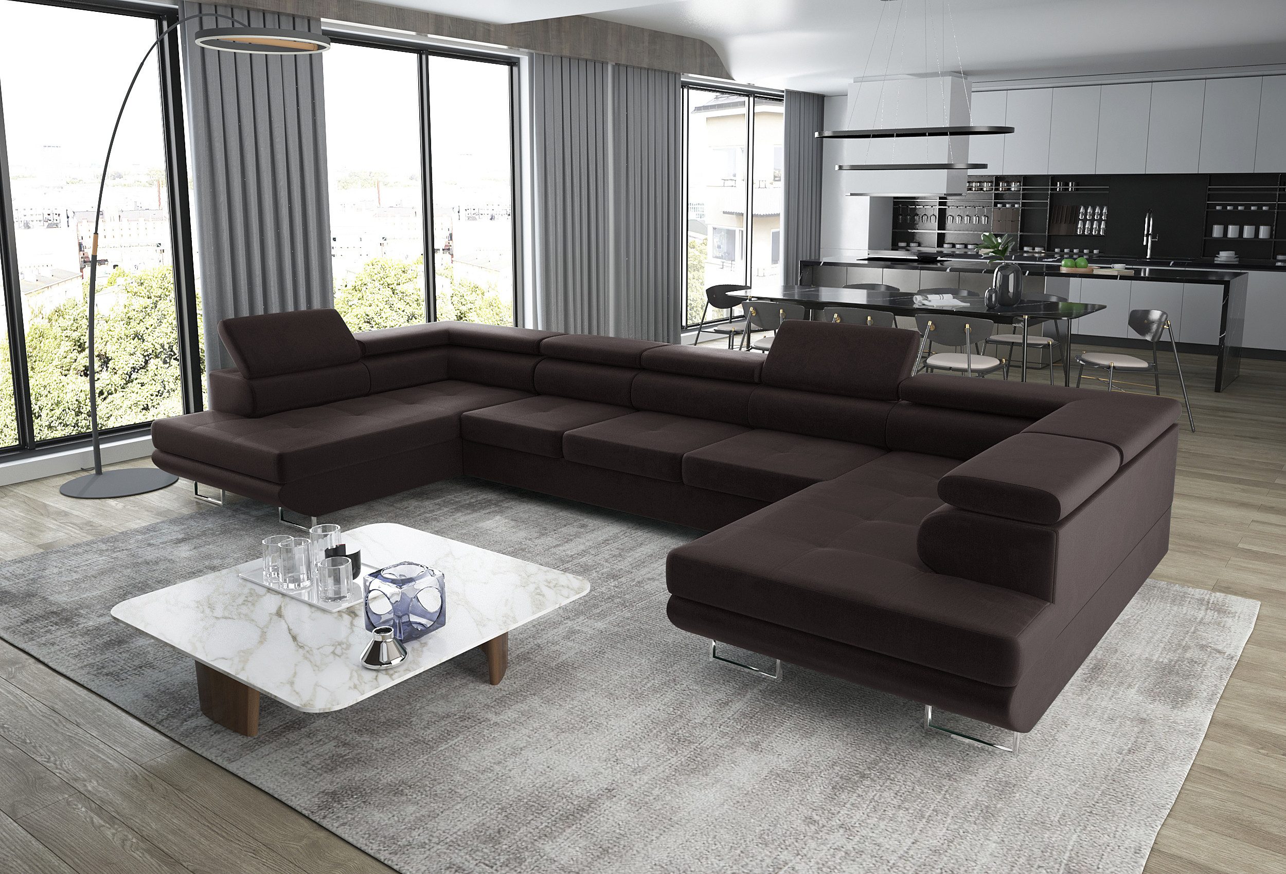 thematys Ecksofa Aston U 403 x 203cm mit Schlaffunktion & Bettkasten –, U-Sofa mit verstellbaren Kopfstützen, Samt (Monolotith), oder Cord (Poso), - U-Form, XL-Wohnlandschaft, 390 cm breit