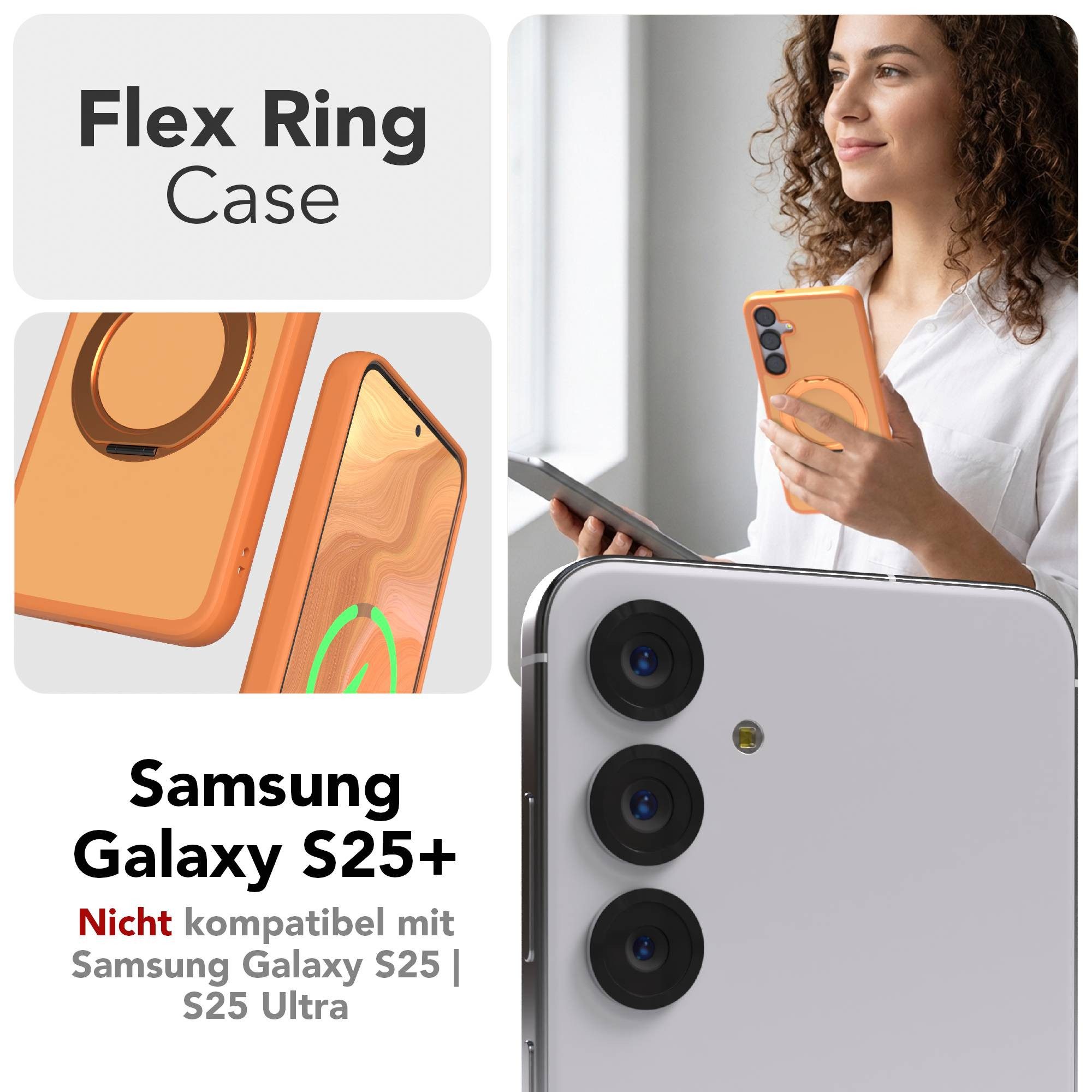 EAZY CASE Handyhülle Outdoor Galaxy S25 Plus Case mit MagSafe Ring 6,7 Zoll, Slimcover Handyhülle Outdoor zum Aufstellen mit Ring modern in Orange