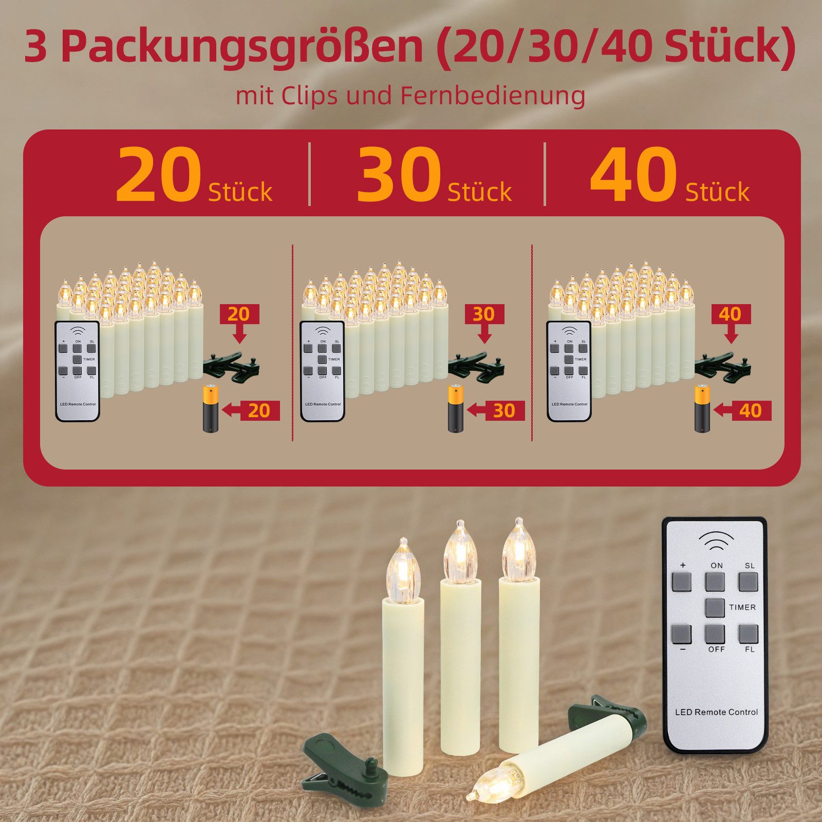 Gotoll LED-Christbaumkerzen 40er weihnachtsbaumkerzen kabellos mit Batterie günstig online kaufen