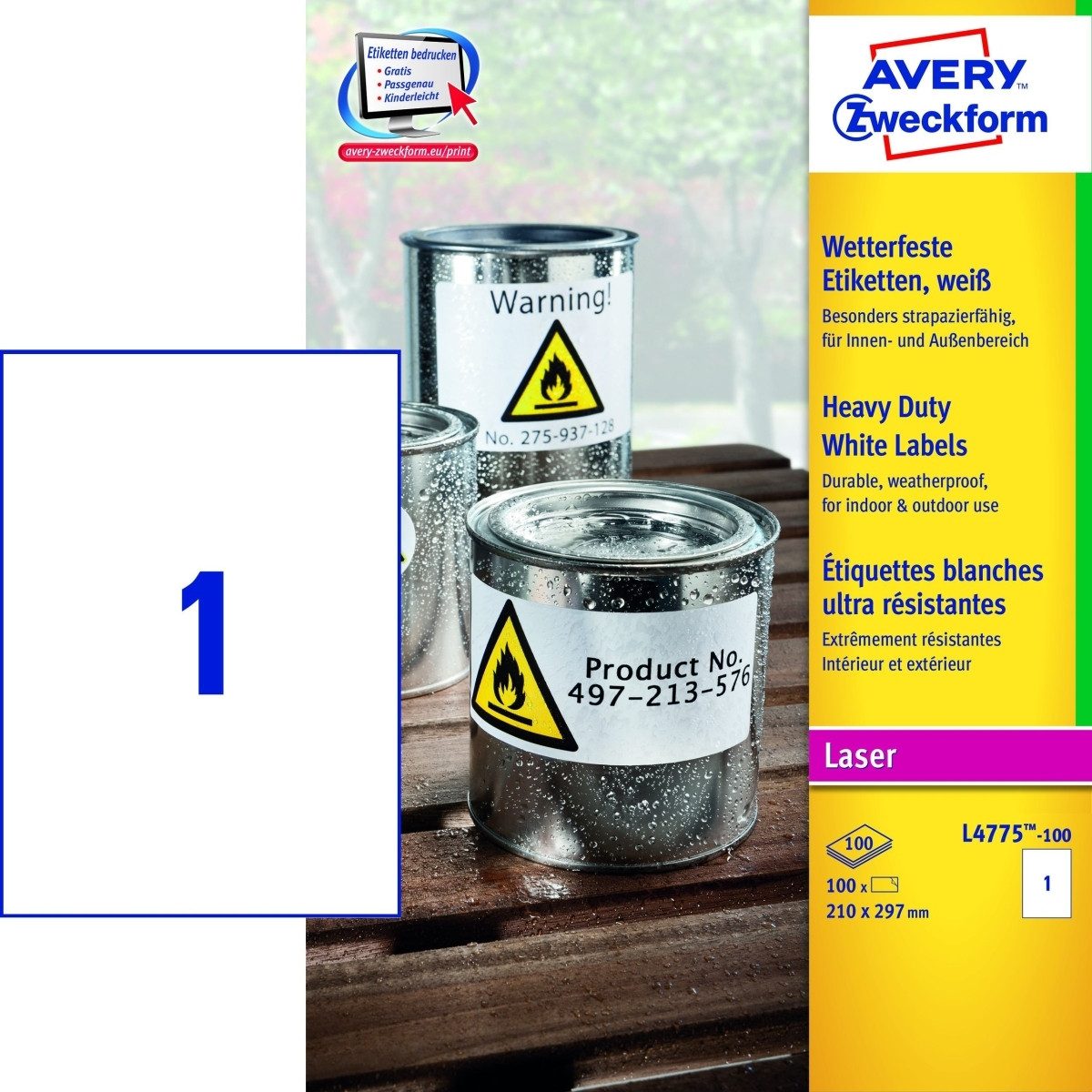 Avery Zweckform Etiketten Folienetiketten wetterfest 210x297mm VE=100 Bogen/100 Etiketten weiß