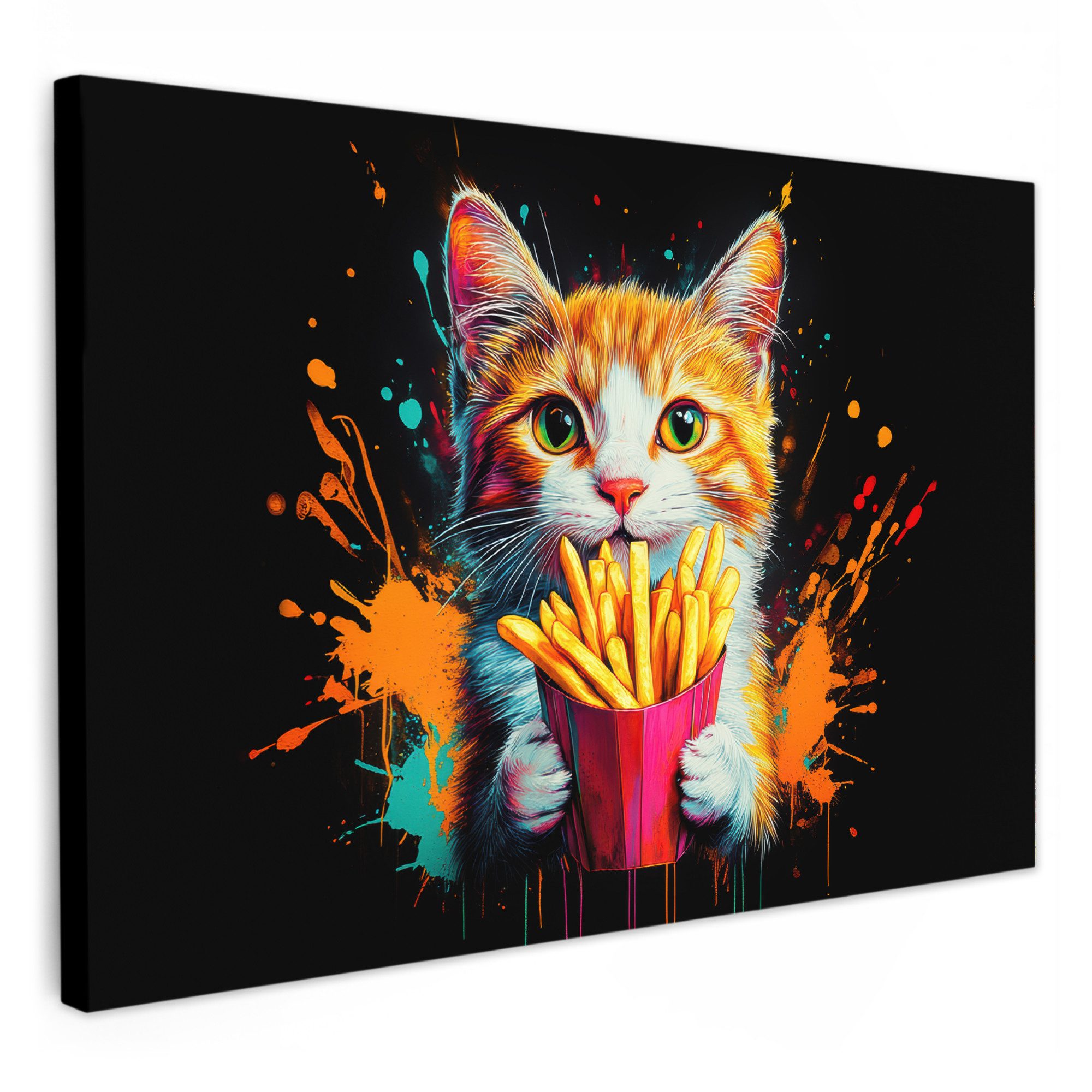 OneMillionCanvasses® Leinwandbild Katze - Essen - Pommes frites - Graffiti günstig online kaufen
