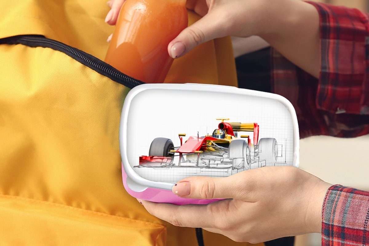 MuchoWow Lunchbox Ein roter 1 (2-tlg), Kunststoff, Brotdose aus Kunststoff für Rennwagen Erwachsene, rosa Illustration, Snackbox, in einer Formel der Mädchen, Kinder, Brotbox