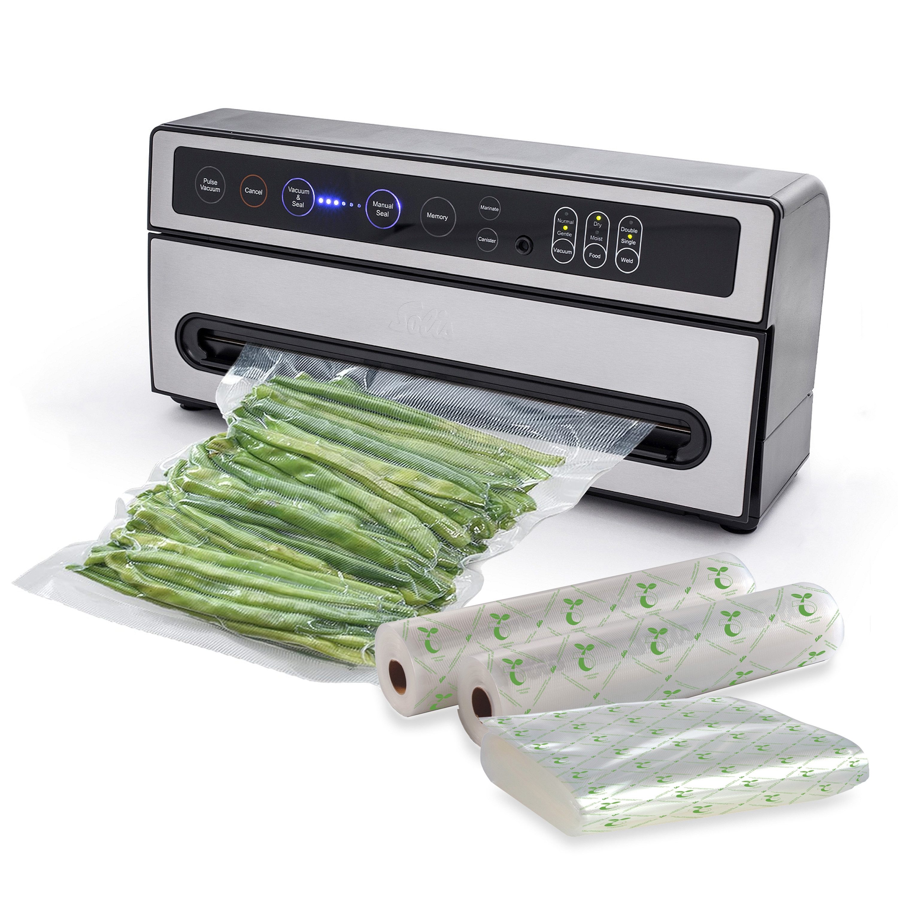 SOLIS OF SWITZERLAND Вакуумні пакувальники VertiVac Plus, Typ 5703, Vorteilspack, Rollenbreite 30 cm, 130W, doppelte Schweißnaht, Vakuumschlauch, inkl. 50 Beutel & 2 Rollen