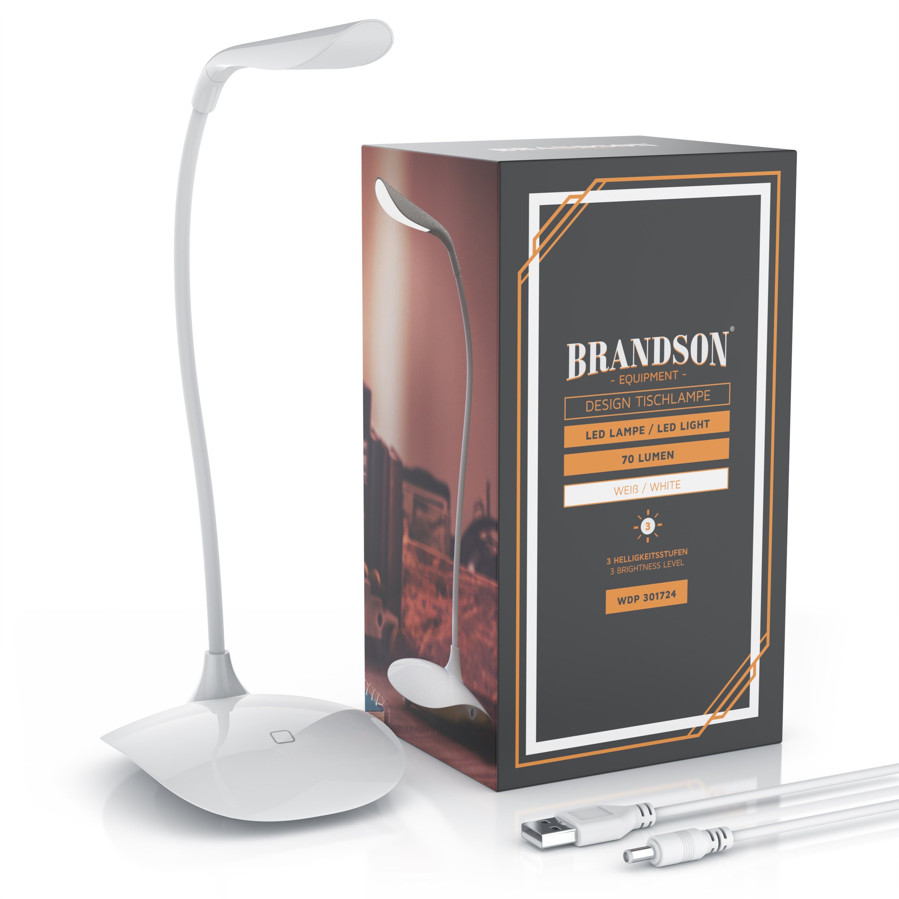 Brandson Schreibtischlampe Bürolampe, Tischleuchte, leuchtstarke 70 Lumen, Energiesparend, 3 Watt, mehrere Helligkeitsstufen, LED fest integriert, warmweiß, Stromsparend, 3 Helligkeitsstufen, Batteriebetrieb möglich