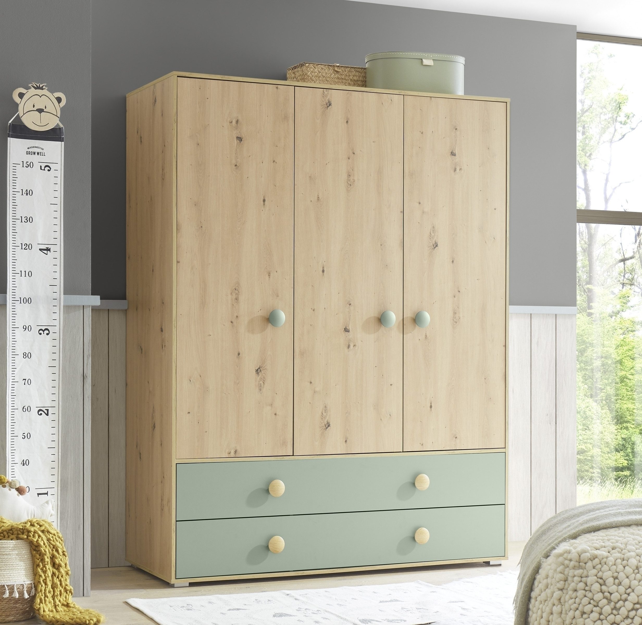 PREISBRECHER Babyzimmer-Komplettset Birta, (3-teilig) Artisan Eiche / Salbei, Schrank, Wickelkommode, Babybett