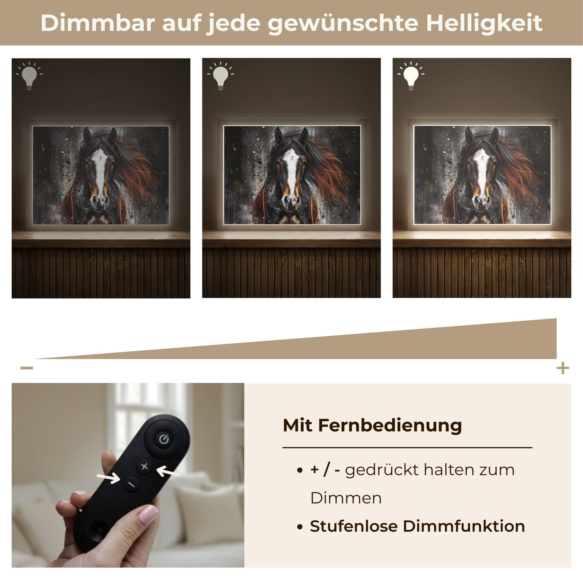 OnlyWow Wandleuchte Lightbox Pferd - Tiere - Schwarz - Luxus - Modern, Dimmbar, Farbwechsel, LED, Warmweiß, Kaltweiß, Neutralweiß Einstellbar, Wandlampe Innen, Dimmbar, Aufladbarer USB Akku, LED, Modern