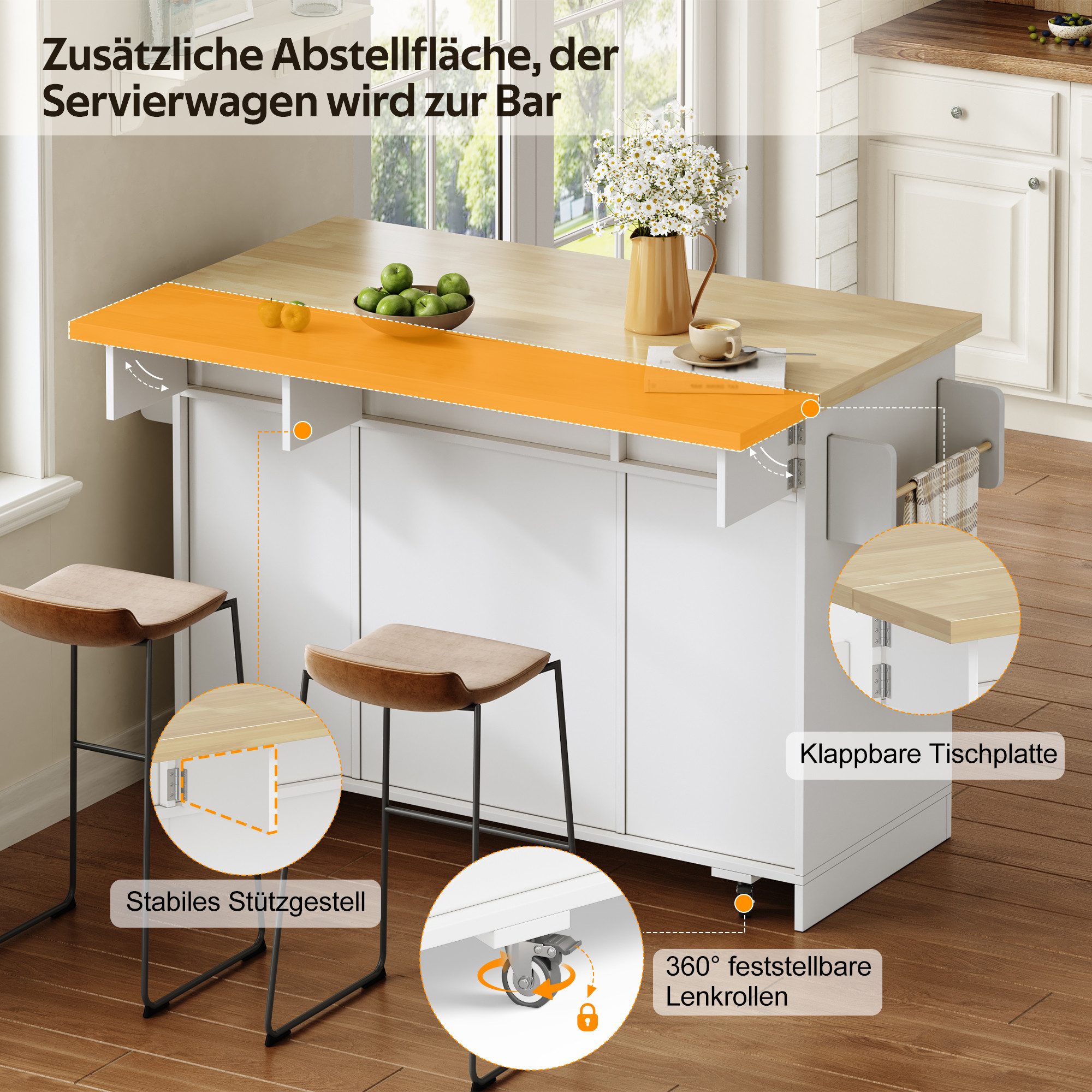 SeedWave Kücheninsel Moderner Rollwagen mit 120cm Klappbarer Tishplatte, Müllbehältersfach, Beweglicher Küchenschrank inkl, Handtuchhalter, feststellbaren Rollen