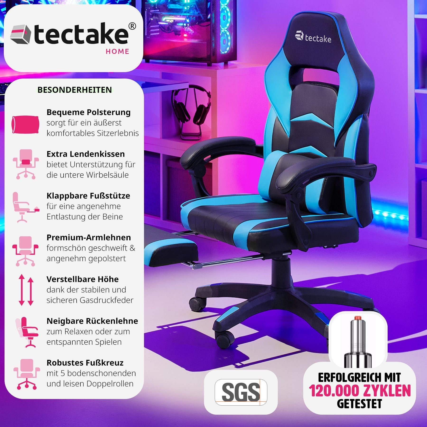 tectake Gaming-Stuhl Comodo (1er, schwarz/azur Fußstütze 1 St)