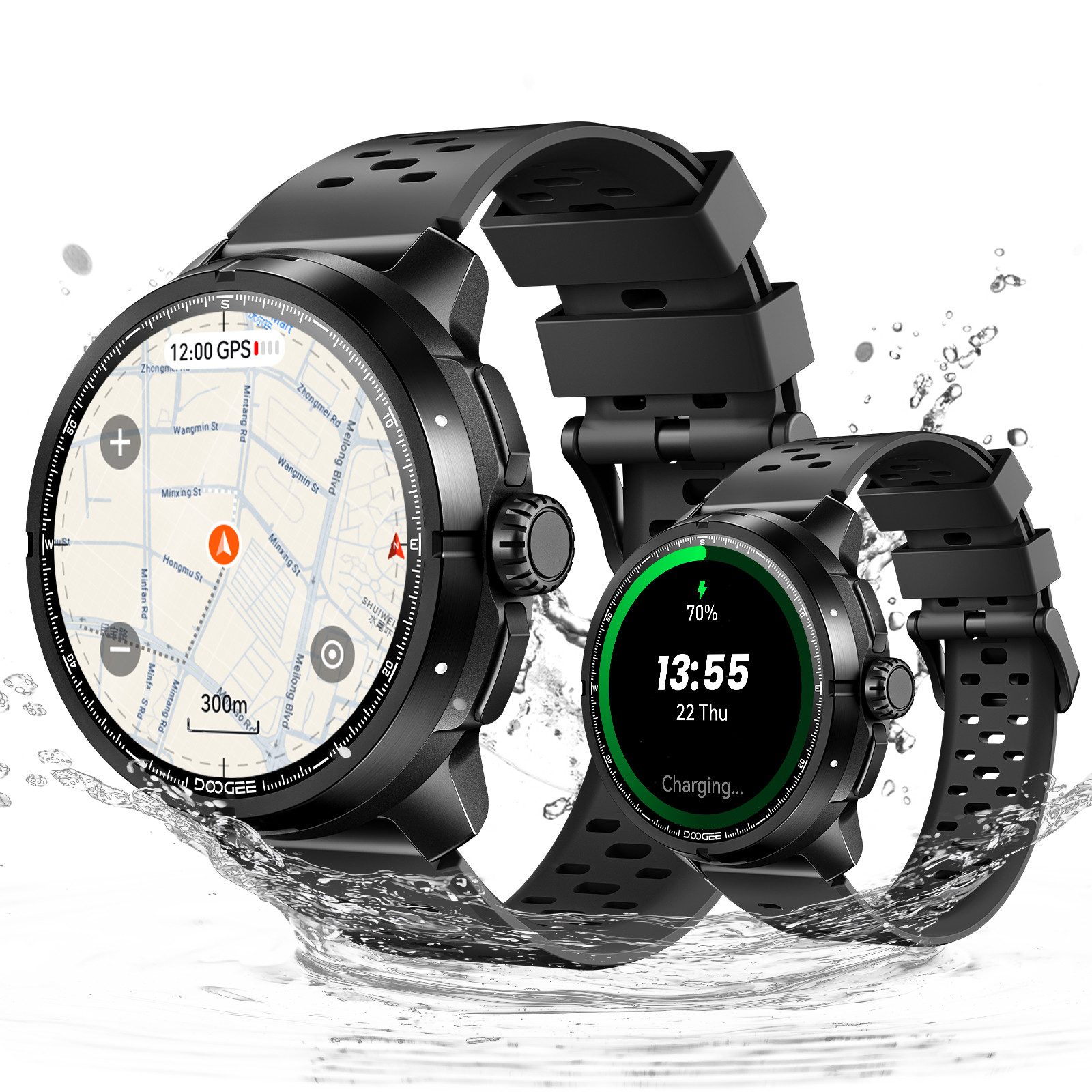 DOOGEE Smartwatch Herren mit GPS, Bluetooth 5.3, AMOLED Offline-Karten Watch, Bluetooth, GPS-Ortung, SOS, IP68, Aktivität, Videochat, GPS-Ortung, SOS, Videochat, Aktivität, IP68, Bluetooth