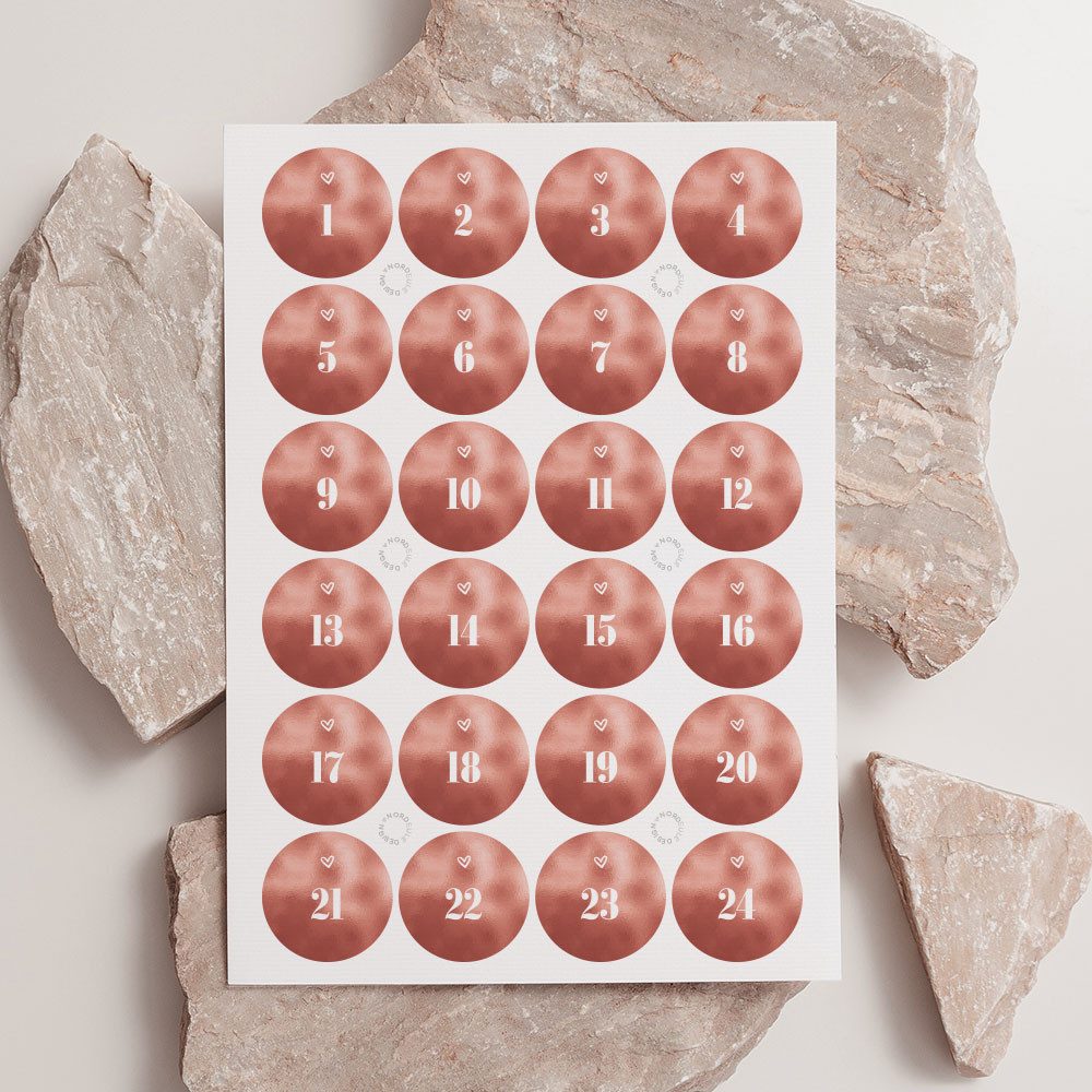 NORDEULE Aufkleber Adventskalender Zahlen 1-24, Runde Etiketten ⌀ 4 cm in Rose, (24tlg), ideal für Weihnachten, Wichtelgeschenke, Nummerierung, DIYs