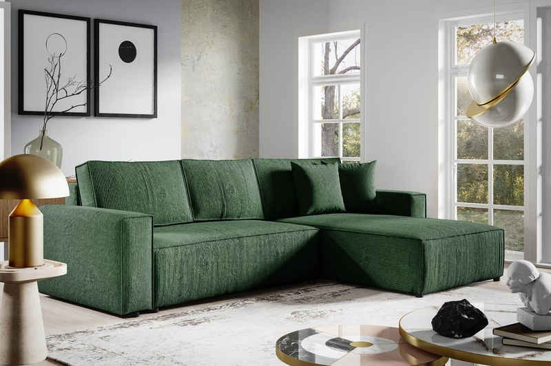 Compleo Ecksofa mit Schlaffunktion, Sofa Eckcouch L-Form BOSTON, Cordstoff, 290x185x70cm