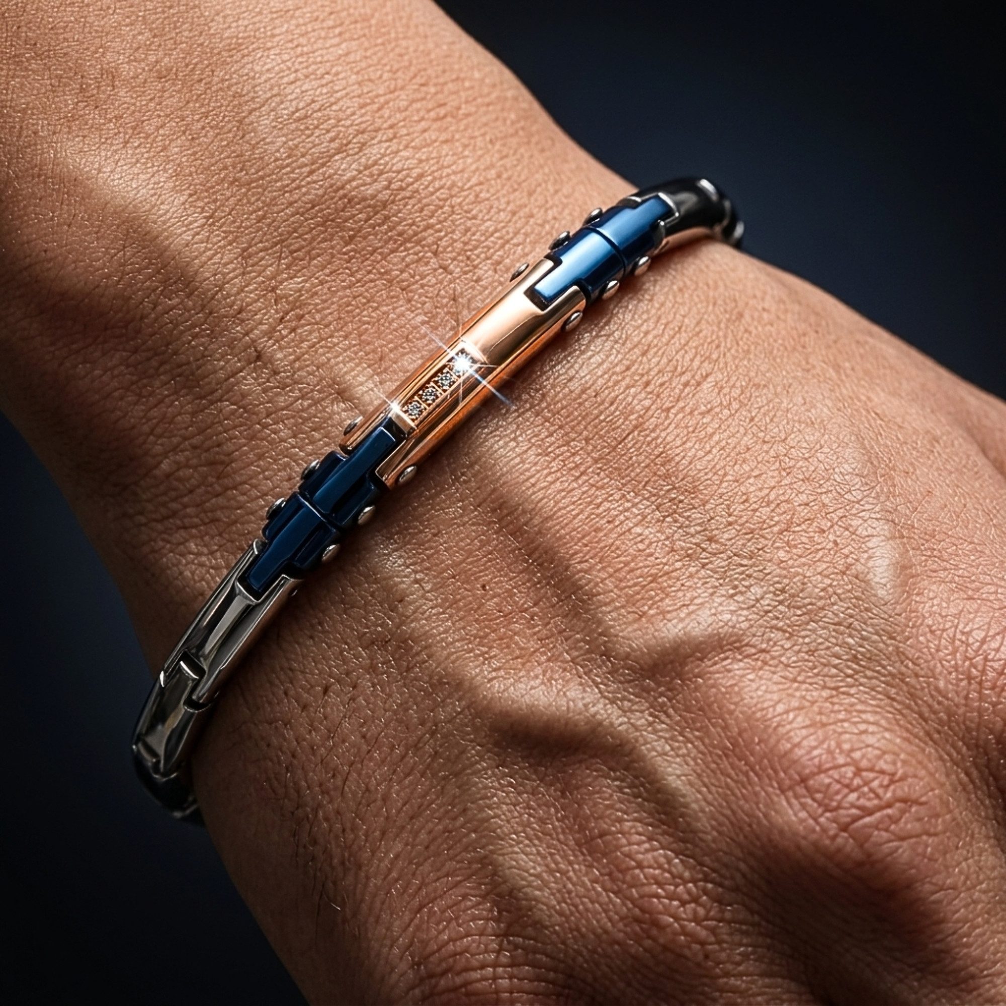 UNIQAL.de Edelstahlarmband DANTE BLAU - Technik, Spannung & Roségold-Kontrast (Präzisionsdesign mit markanten Farbkontrasten & Zirkonia-Detail, Handgefertigt in Deutschland · inkl. hochwertiger Schmuckverpackung), Flexibel verstellbar · Wasserbeständig · Hautfreundlich