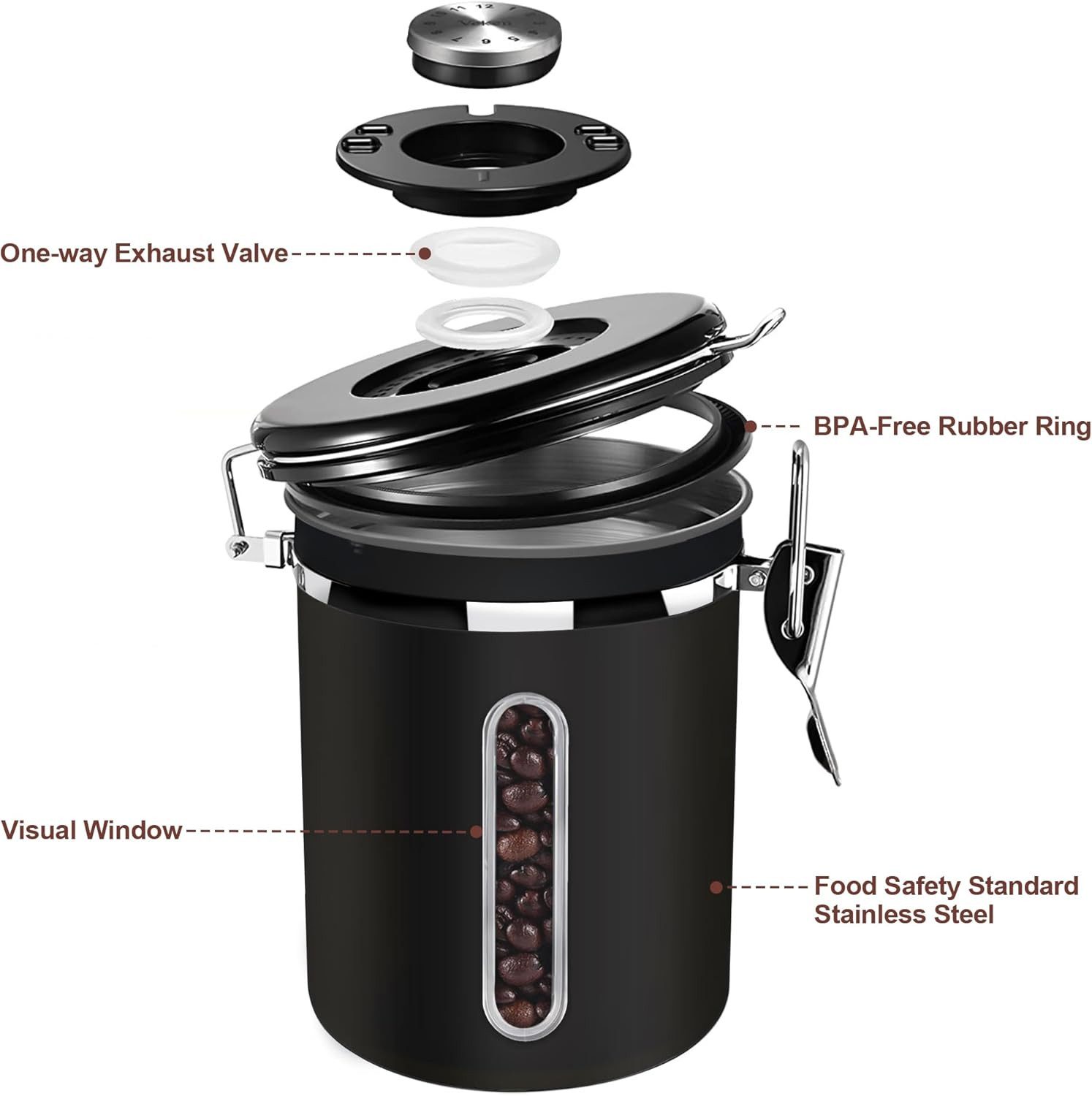 BlingBin Kaffeedose 1,8/2,8L Edelstahl Kaffeebohnen Vorratsdose,Luftdichte Kaffeebehälter, Edelstahl, (1er Set, 1-tlg., 12.5*19cm), Kaffeedose mit CO2-Ventil, Messlöffel & Datumsanzeige für Nüsse Kakao
