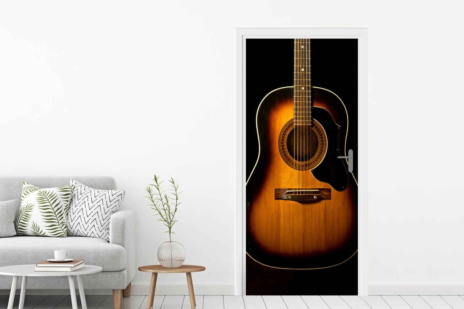 für auf Hintergrund, Gitarre Türtapete cm schwarzem Tür, Akustische Türaufkleber, Matt, Fototapete St), bedruckt, (1 MuchoWow 75x205