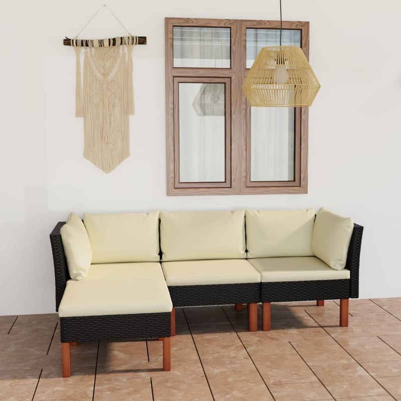 vidaXL Gartenlounge-Set 4-tlg. Garten-Lounge-Set mit Kissen Poly Rattan Schwarz, (4-tlg)