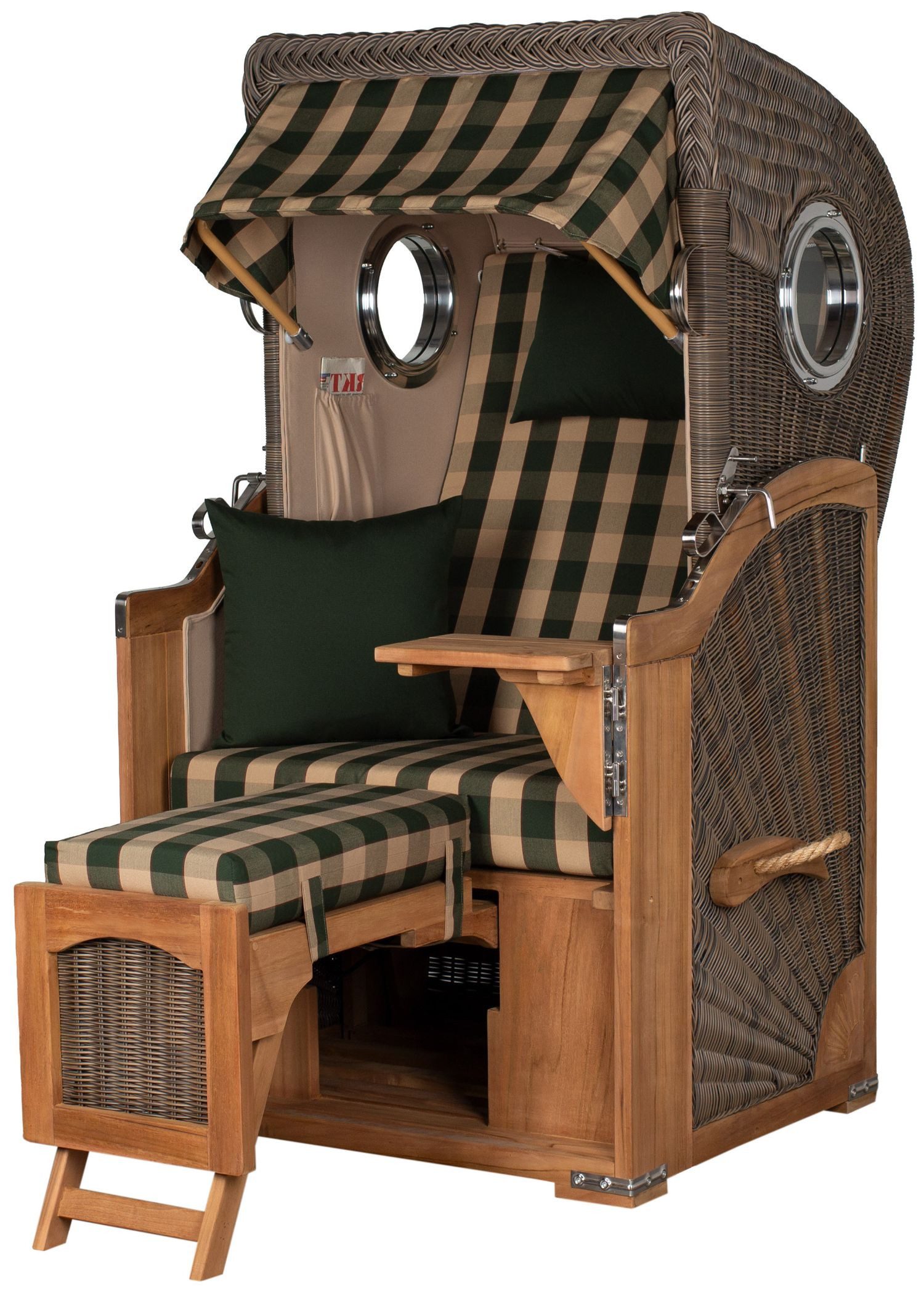 bene living Strandkorb Ammersee 1-Sitzer Teak - PE grau - Modell 506, BxTxH: 96x80x165 cm, Volllieger ca. 175 Grad, Ostsee-Strandkorb Komplettset, Liftersystem, Windschutzfolie, Bullaugen, bequeme Polsterung