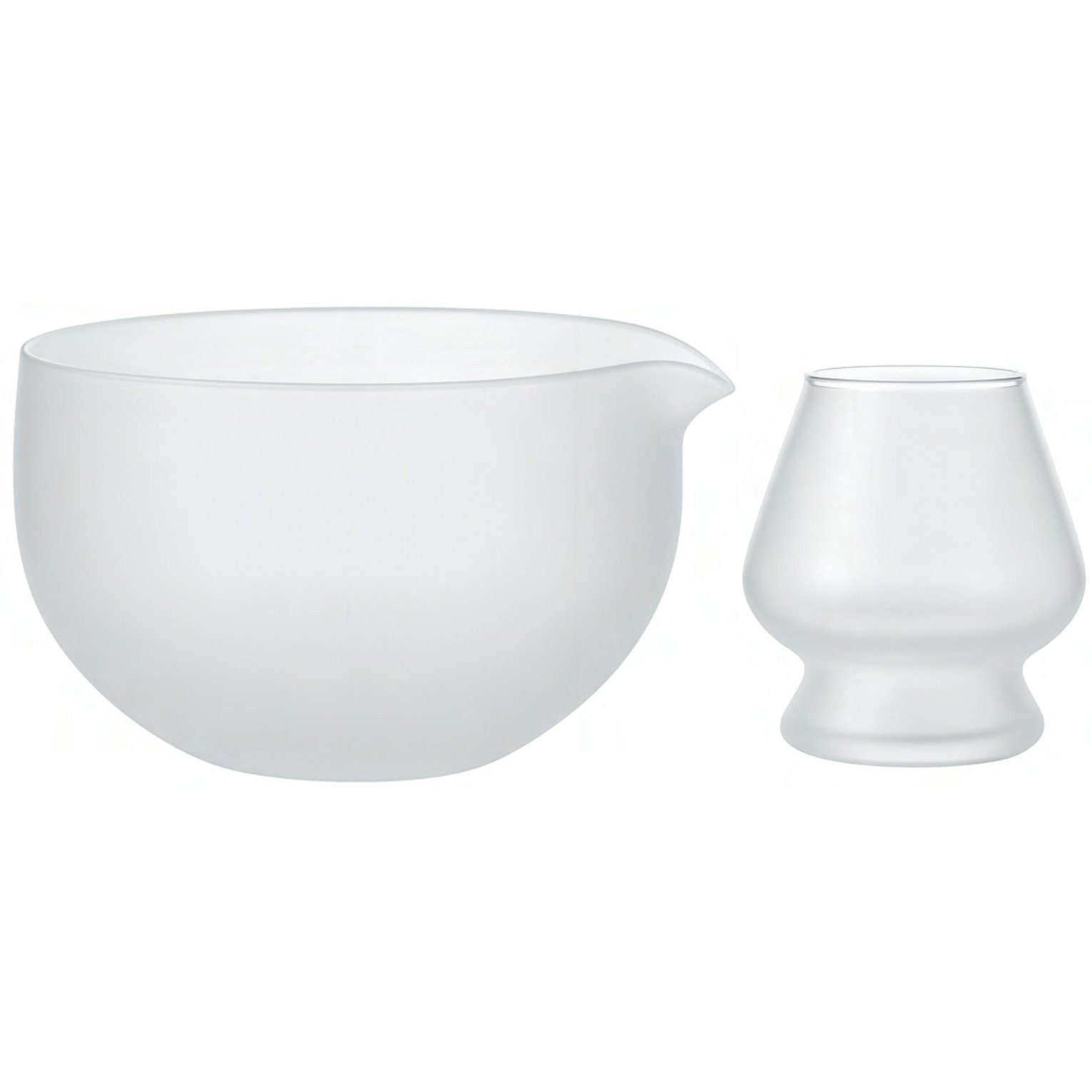 Goodwei Teeschale Matcha Latte Schale & Besenhalter "Frosted Glas", 450 ml, Ausgießer, Borosilikatglas